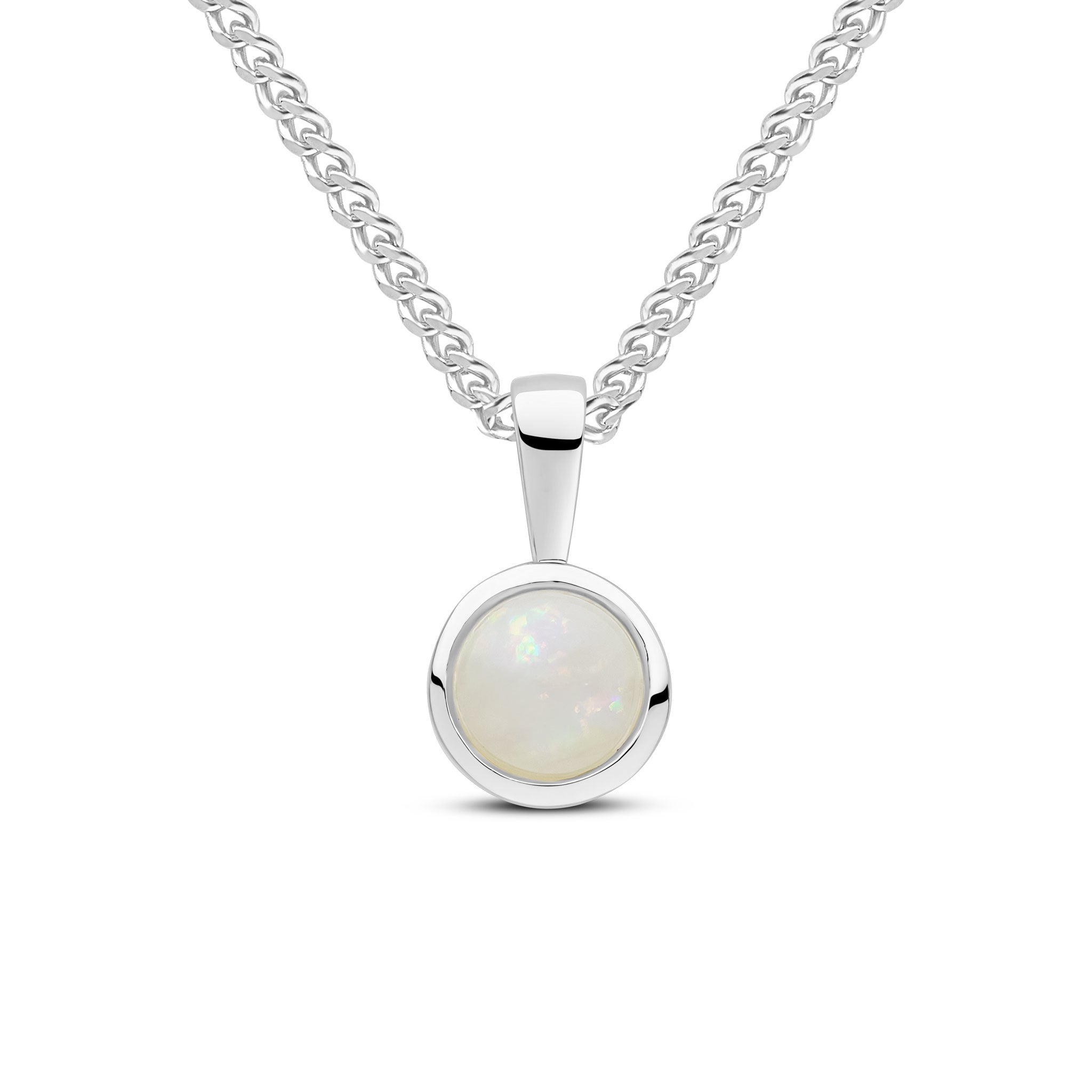 9ct white gold 6mm Round Opal rubover pendant