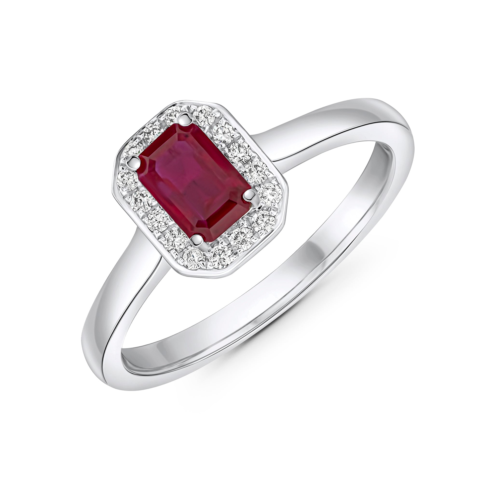 18ct White Gold 6x4 Octagon Ruby & Diamond Claw Set Cluster Ring