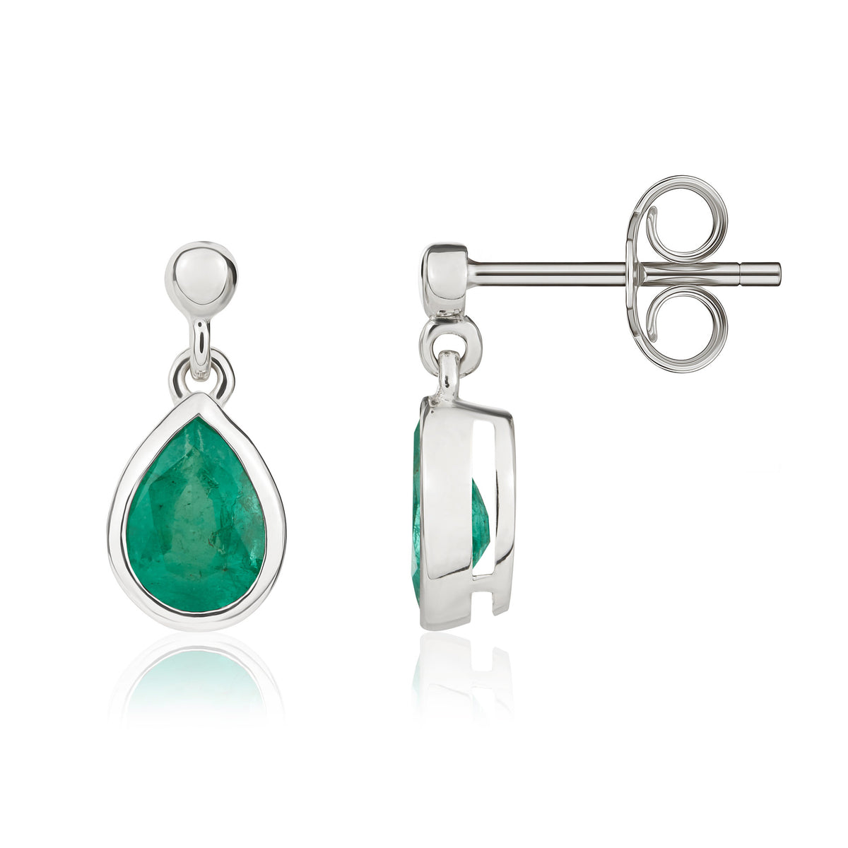 9ct White Gold 7x5 Pear Shape Emerald Rubover Drop Earrings with Bead Top