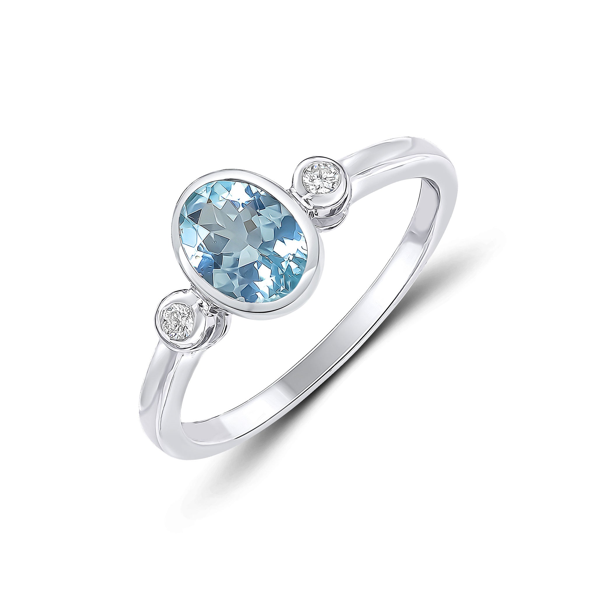 9ct White Gold 7x5 Oval Aquamarine and Round Diamond 3 Stone Rubover Ring