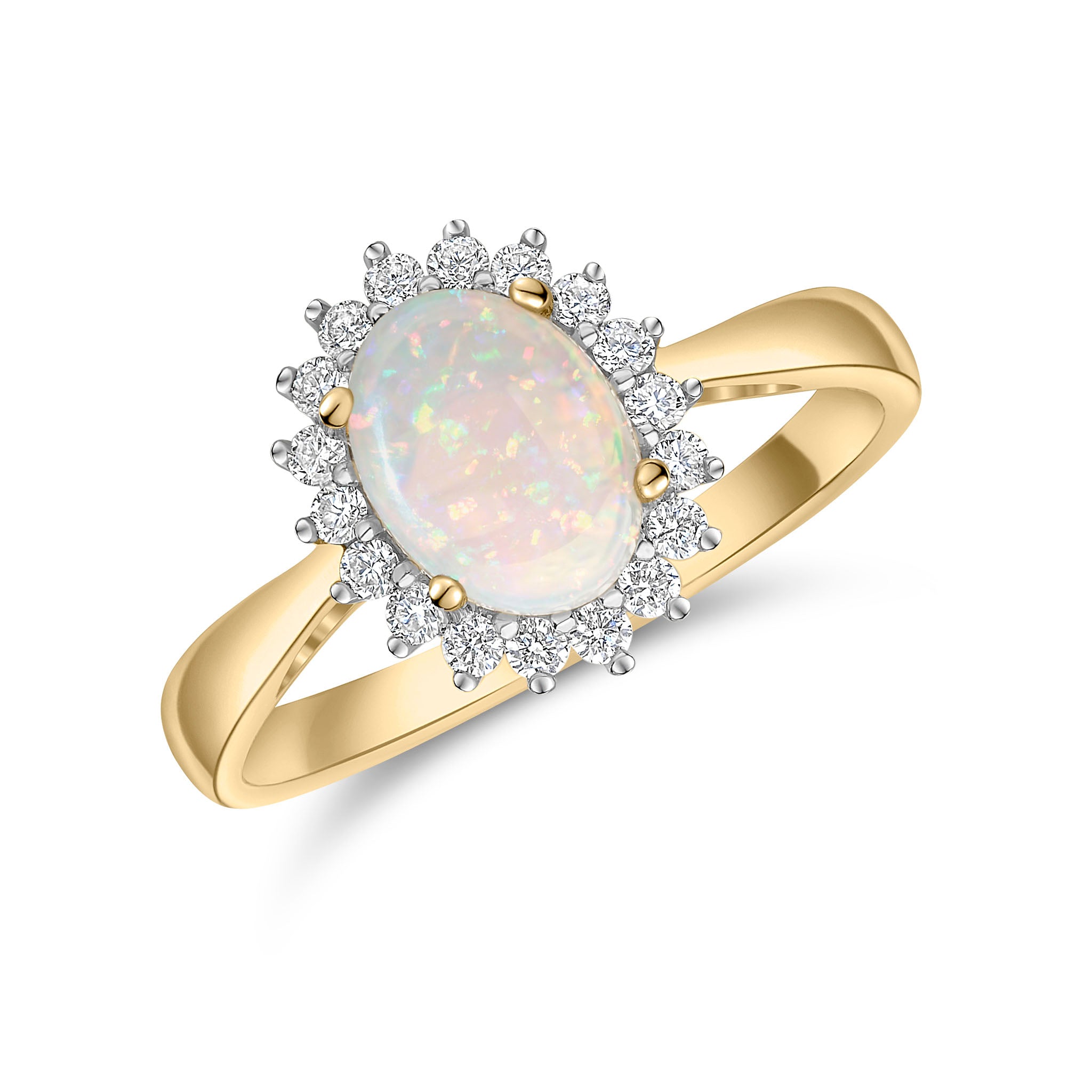 18ct Yellow Gold 8x6 Oval Opal & Round Diamond Claw Set Cluster Ring Rhodium to Diamonds