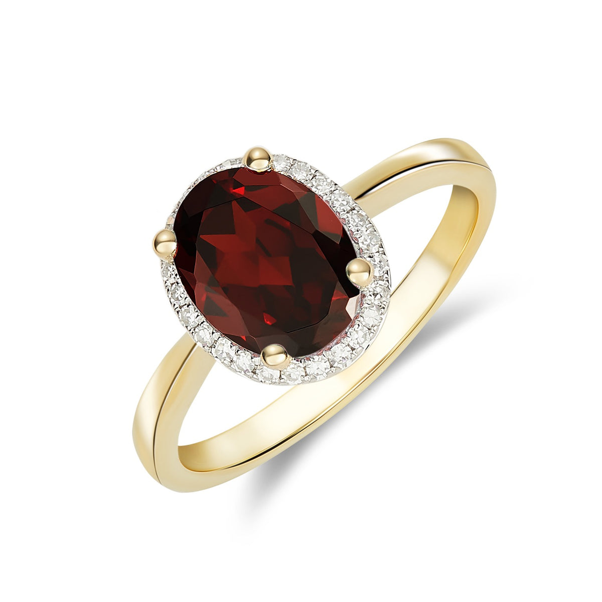 9ct Yellow Gold 9x7mm Oval Garnet & Diamond Claw Set Cluster Ring Rhodium to Diamonds