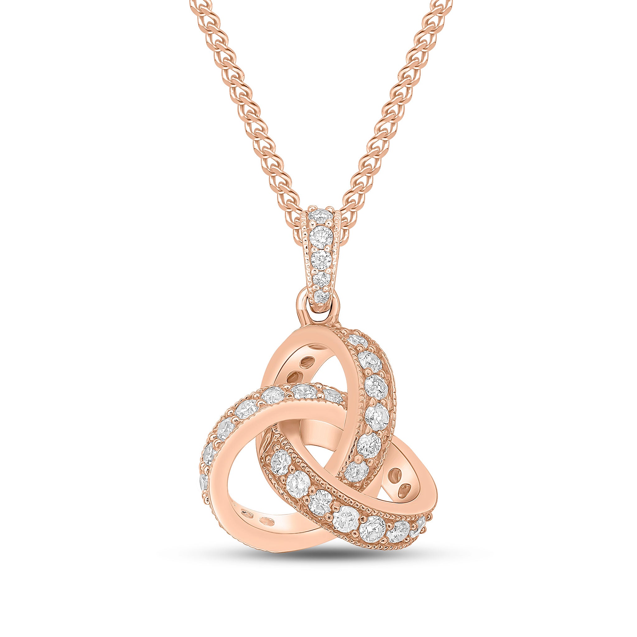 18ct Rose Gold Round Diamond Grain Set Knot Pendant with Diamond Set Loop Top Large