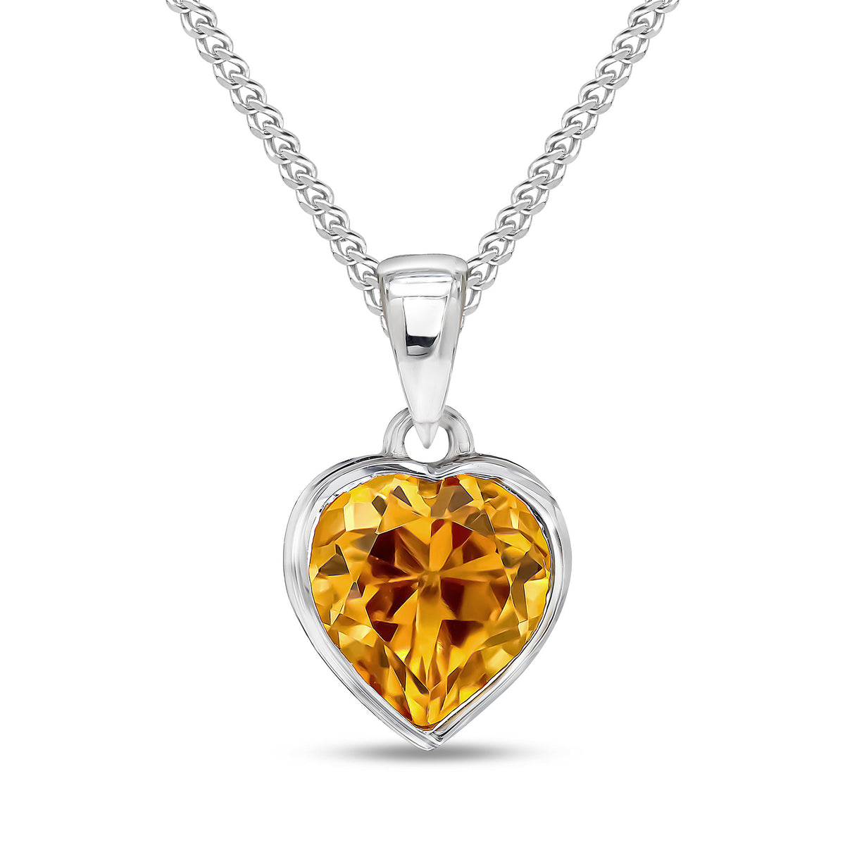 9ct White Gold 8mm Heartshape Citrine Rubover Single Stone Pendant