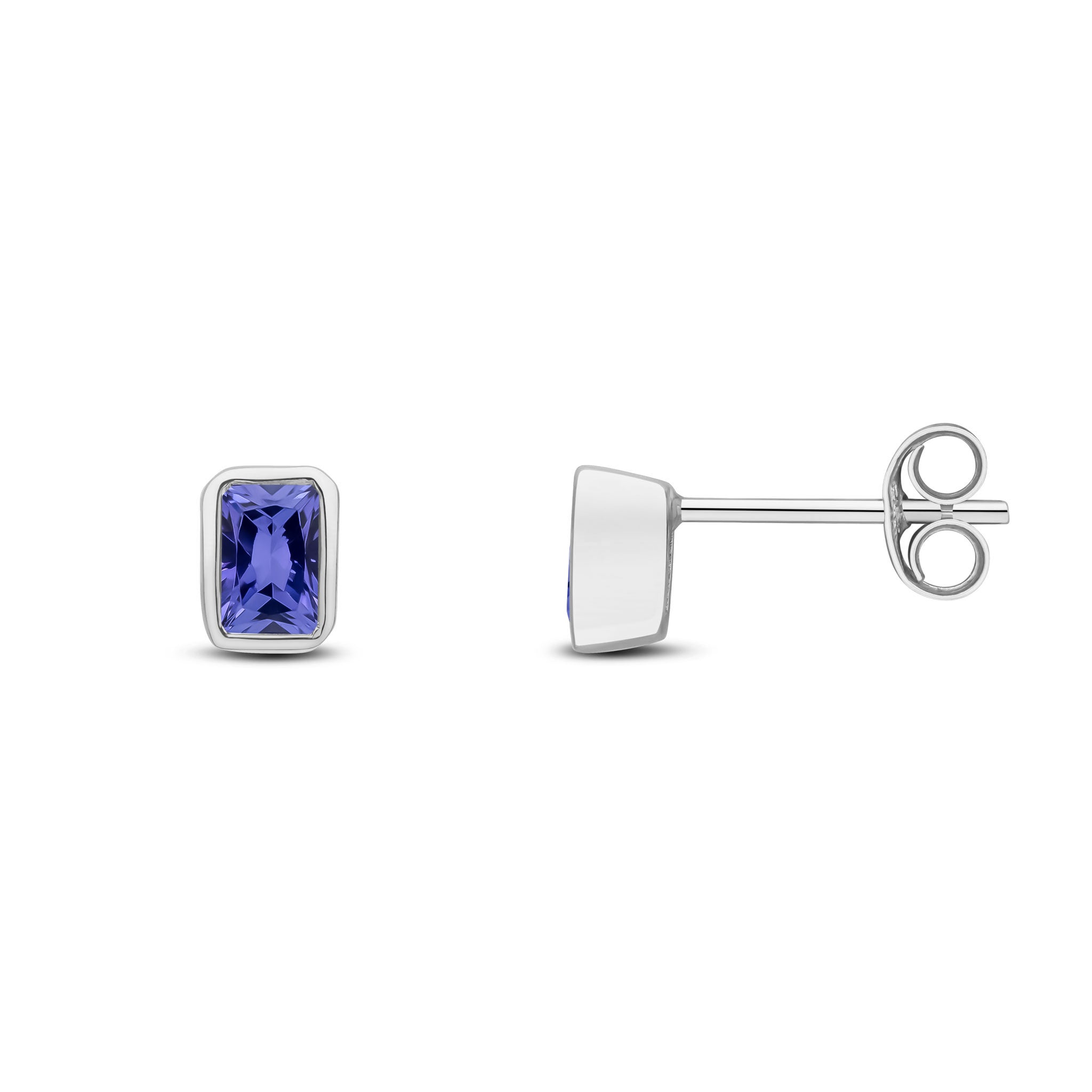 9ct White Gold 5x3 Octagon Tanzanite Rubover Set Earrings