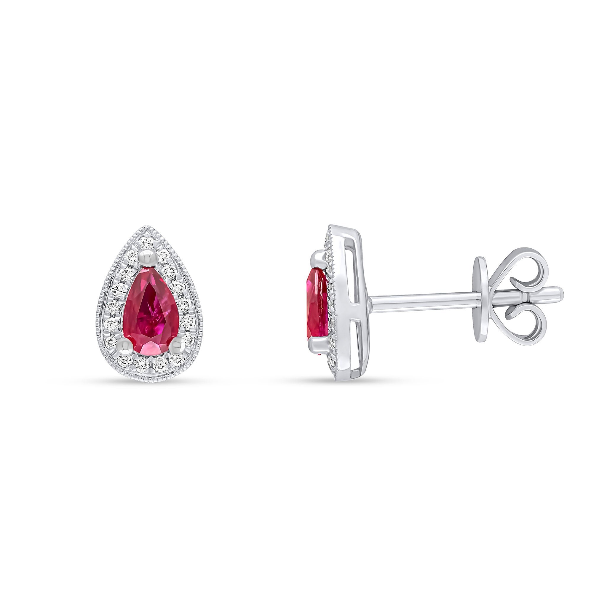 18ct White Gold Claw Set Pear Shape Ruby and Milgrain Set Round Diamond Cluster Earrings