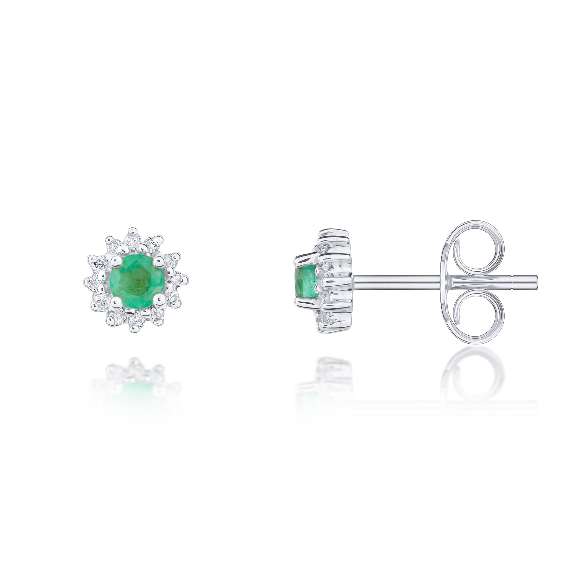 9ct White Gold 3mm Round Emerald and Diamond Claw Cluster Earrings