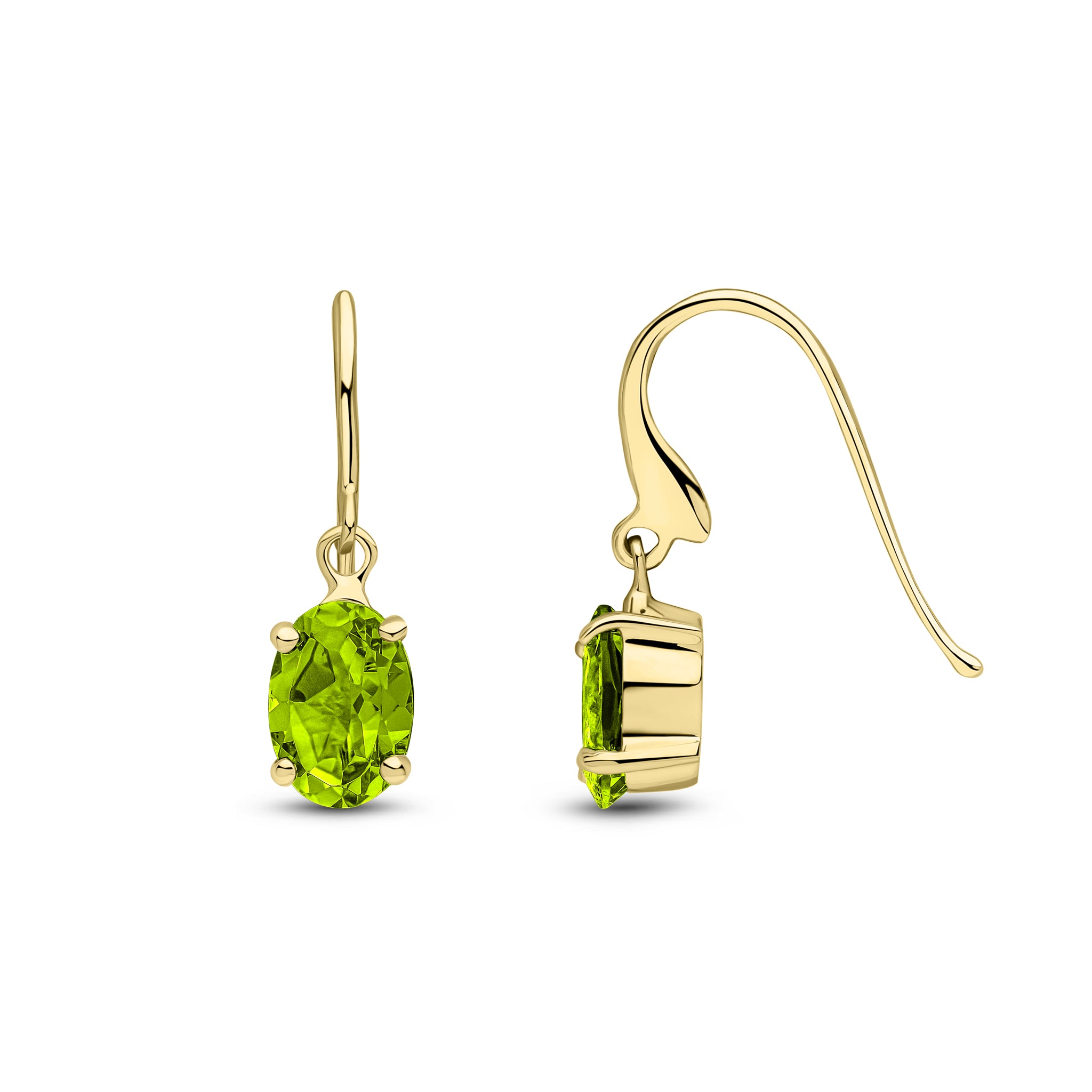 9ct Yellow Gold 7x5 Oval Peridot Claw Set Drop Earrings with Hook Wire Fitting