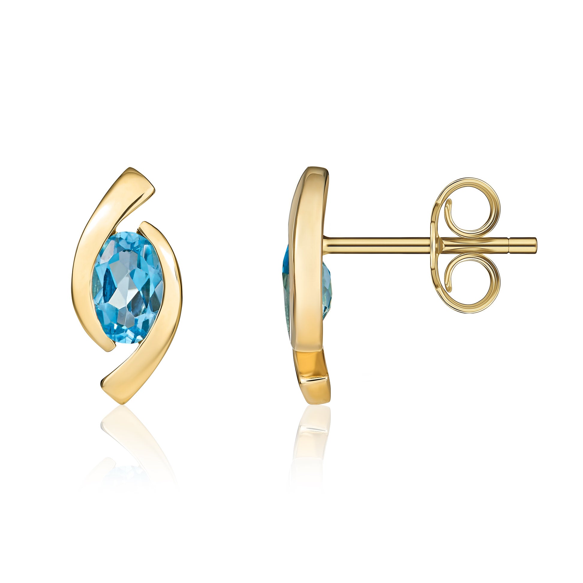 9ct Yellow Gold Oval Swiss Blue Topaz Eye Design Stud Earrings