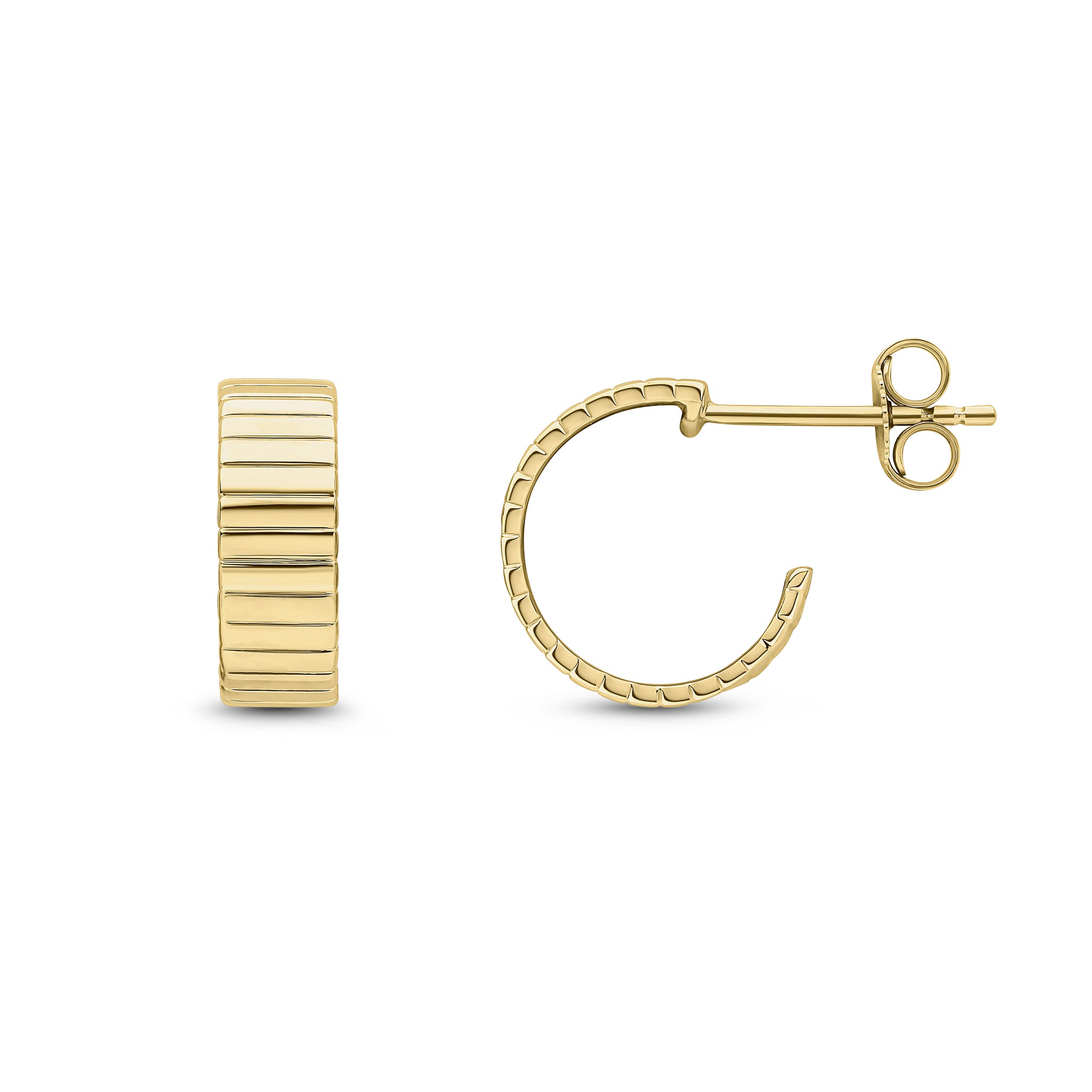 9ct Yellow Gold Ribbed Flat 4.5mm Wide Half Hoop Earrings with Peg and Scroll Fittings