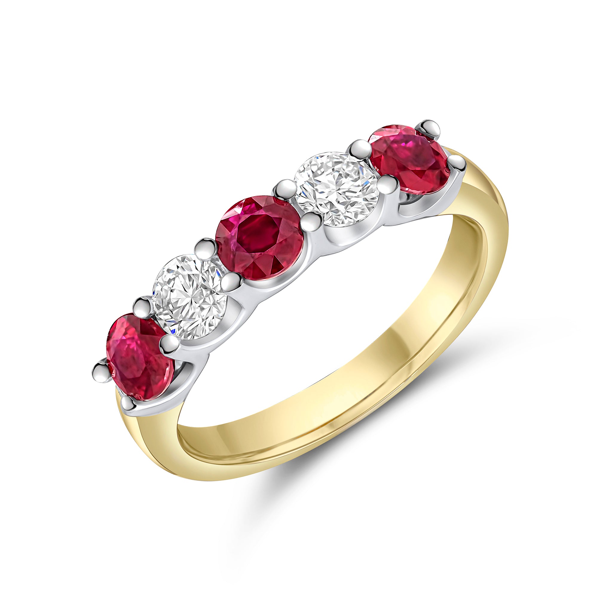 18ct Yellow and White Gold Round Ruby and Diamond 5 Stone Claw Set Ring