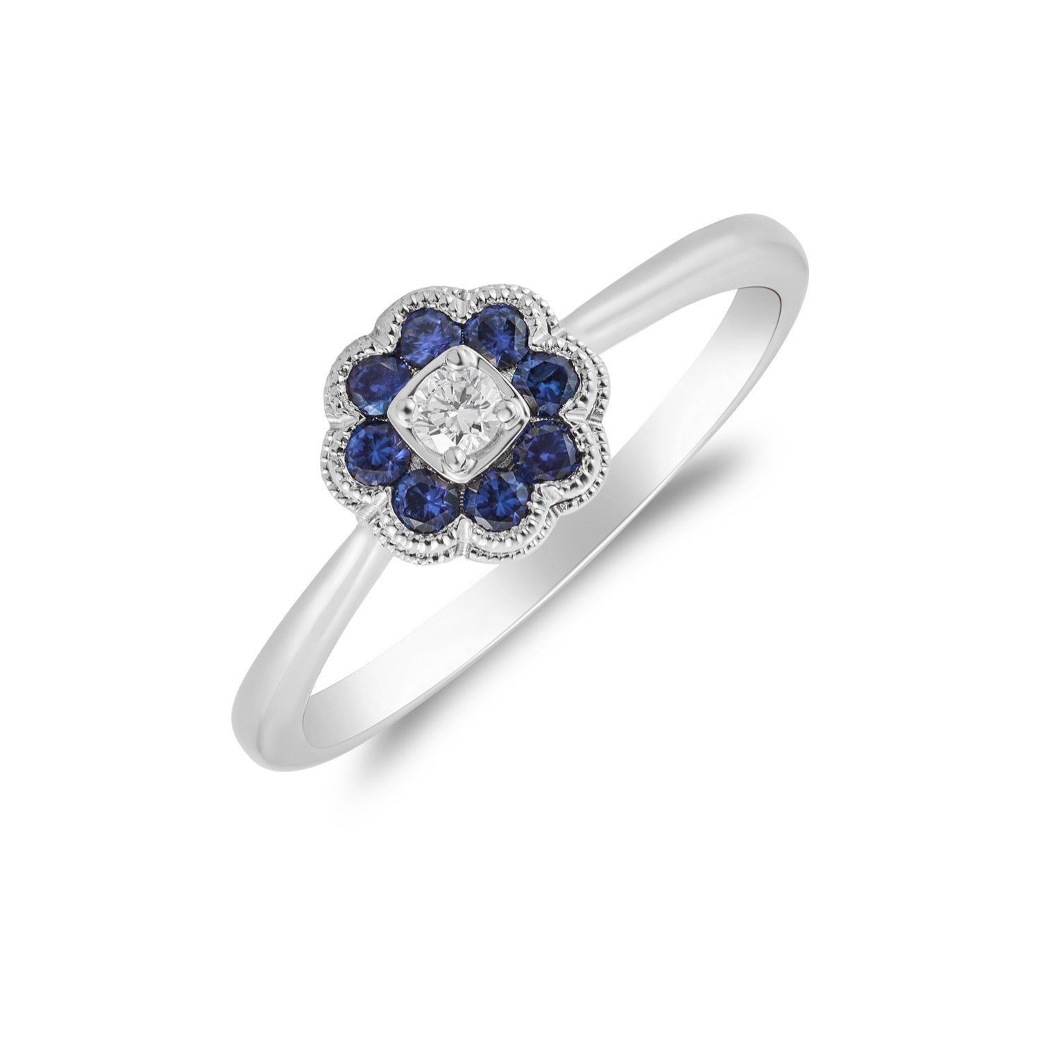 18ct White Gold Sapphire & Diamond Reverse Cluster Ring Milgrain Edge