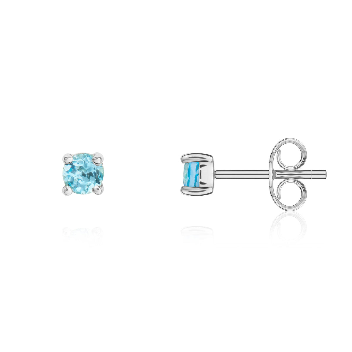 9ct White Gold 3mm Round Swiss Blue Topaz Claw Set Stud Earrings