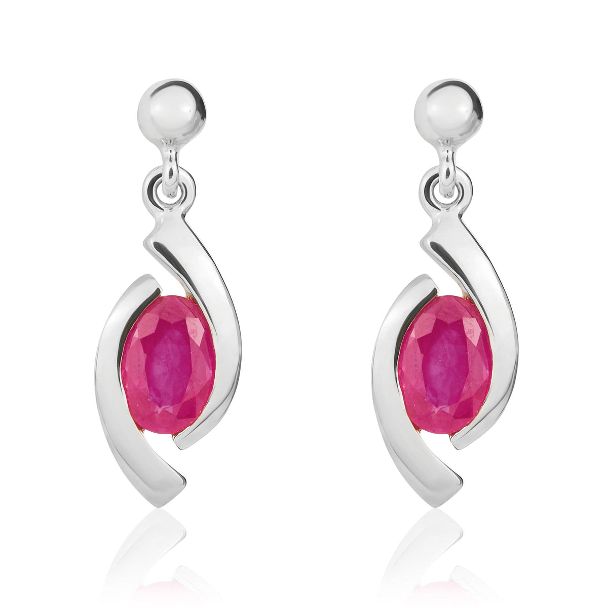 9ct White Gold Oval Ruby 'eye' Drop Earrings with 3mm Bead Top