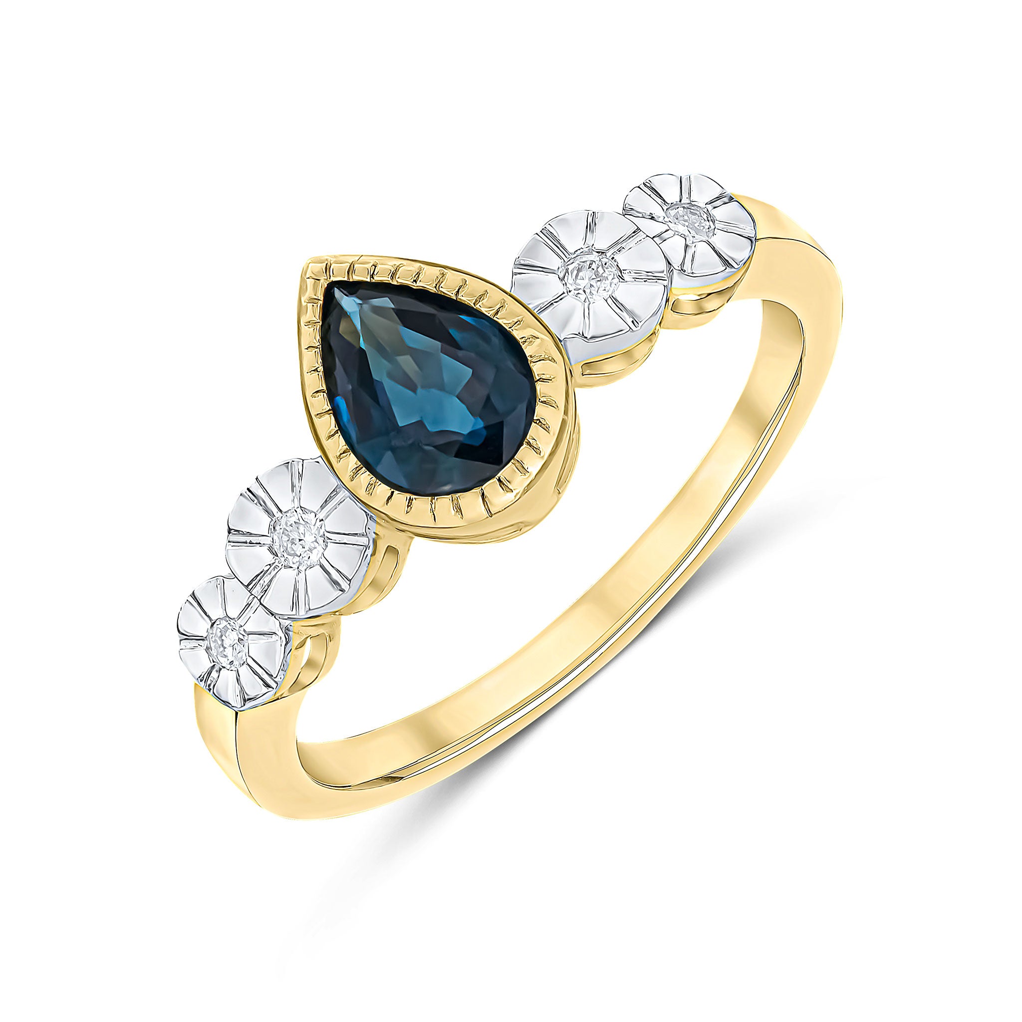 9ct Yellow Gold Milgrain Pear Shape Sapphire and Illusion Diamond 4 Stone Shoulders Ring