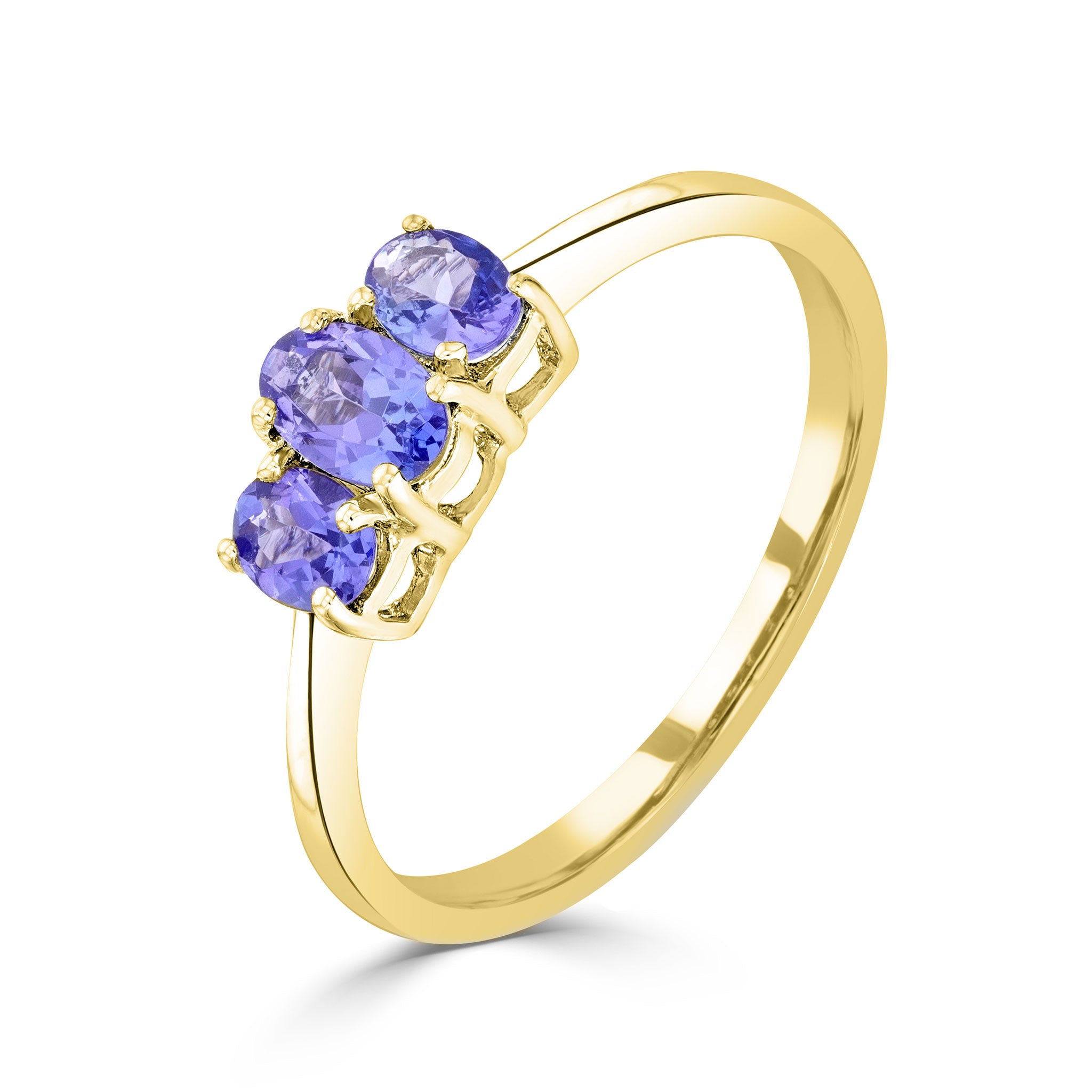 9ct Yellow Gold Oval Tanzanite 3 Stone Claw Set Ring