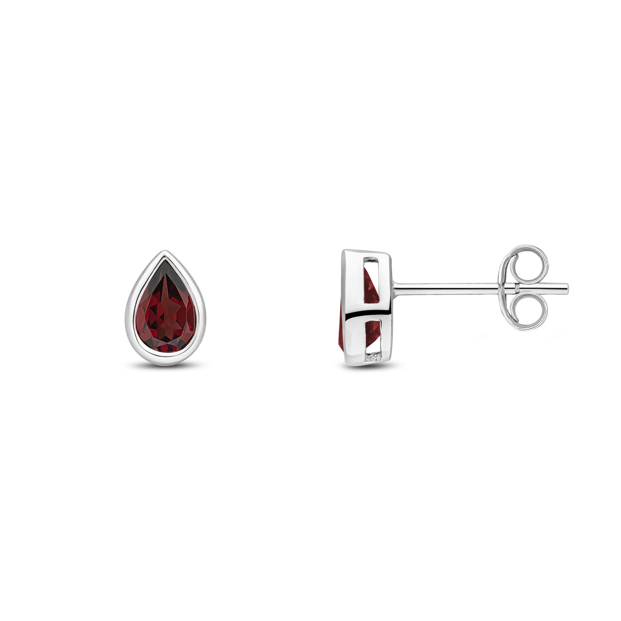 9ct White Gold 6x4 Pear Shape Garnet Rubover Set Earrings
