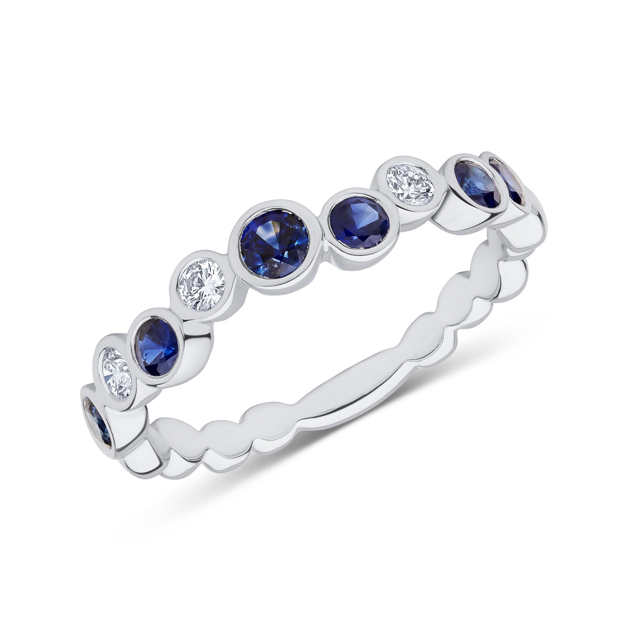Platinum Round Sapphire and Round Diamond Rubover Single Row 'bubble' Ring