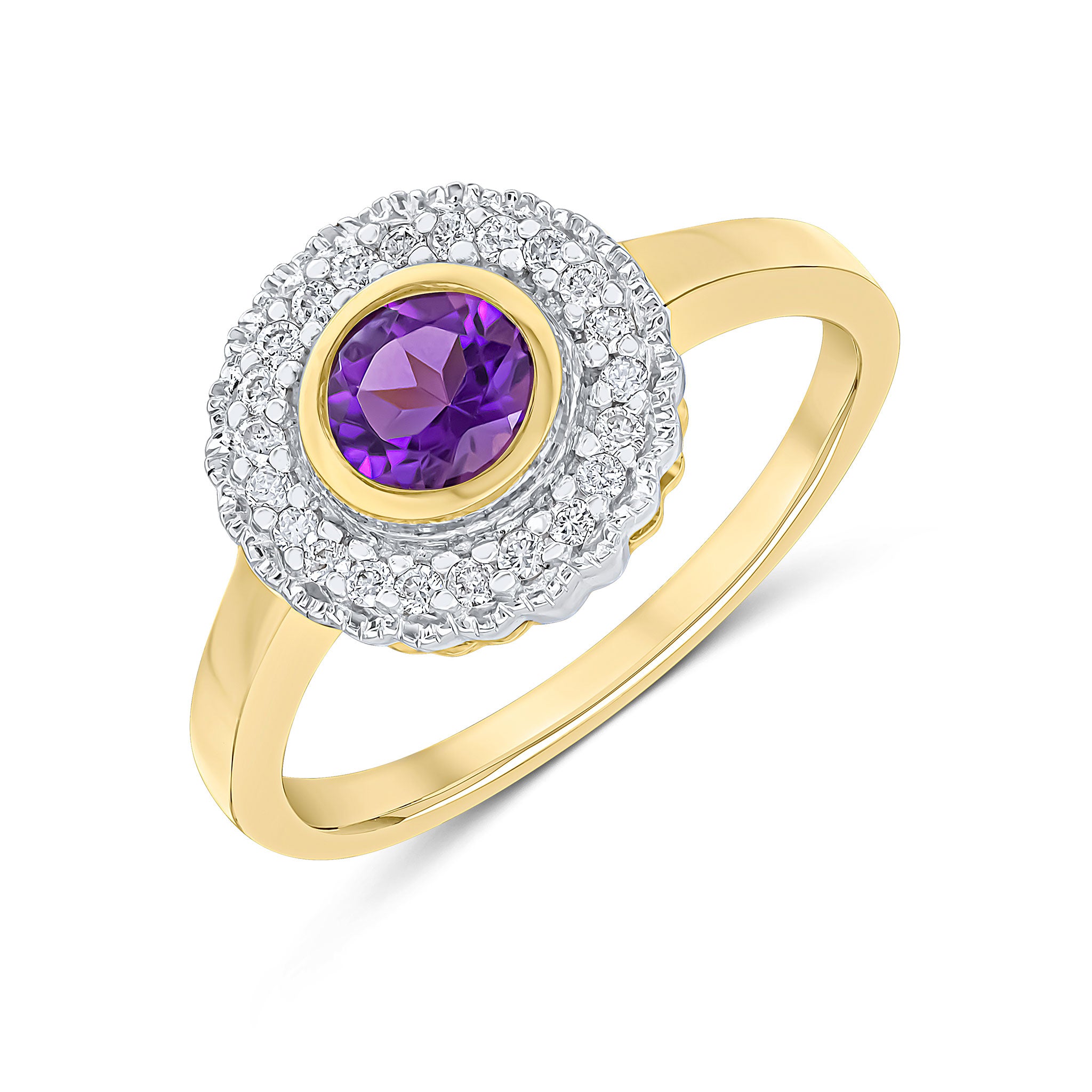 9ct Yellow Gold Round Rubover Amethyst and Milgrain Round Diamond Cluster Ring Rhodium to Diamonds