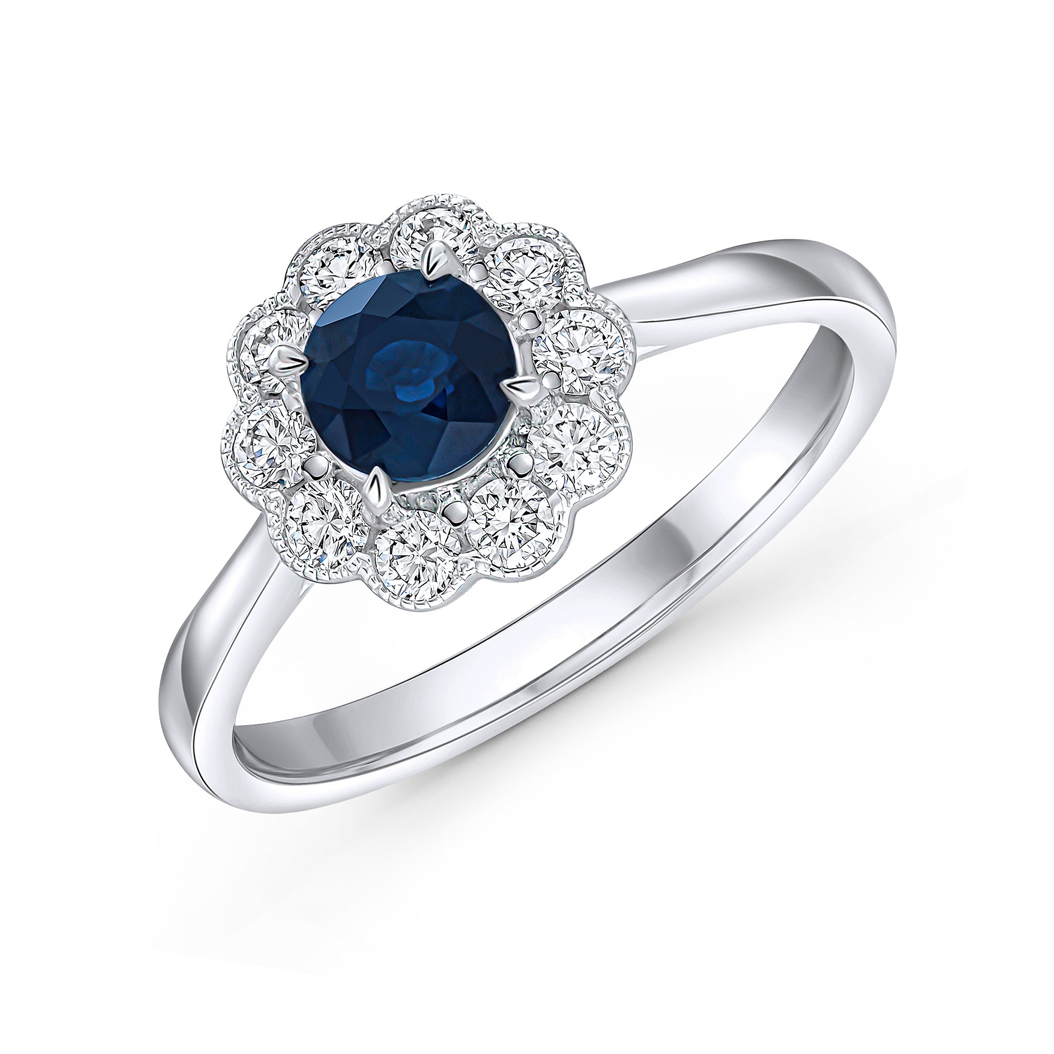 18wg Round Sapphire & Diamond Millegraine Cluster Ring