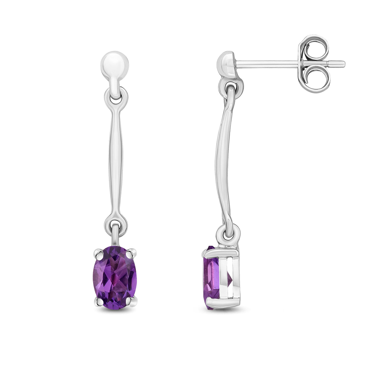 9ct White Gold Claw Set 6x4mm Oval Amethyst and Bar Drop Earrings