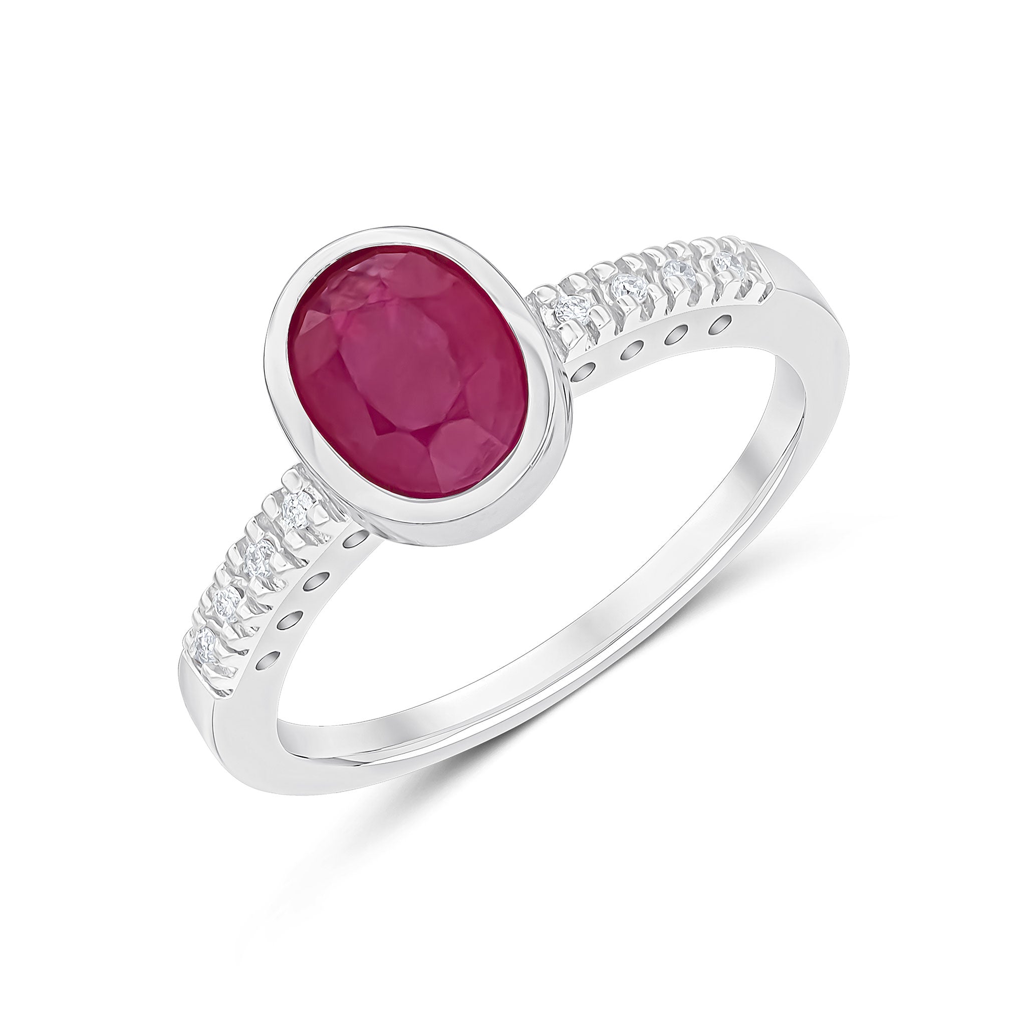 9CT WG RUBOVER 8X6 OVAL RUBY SINGLE STONE RING WITH CLAW SET DIAMOND SHOULDERS 1