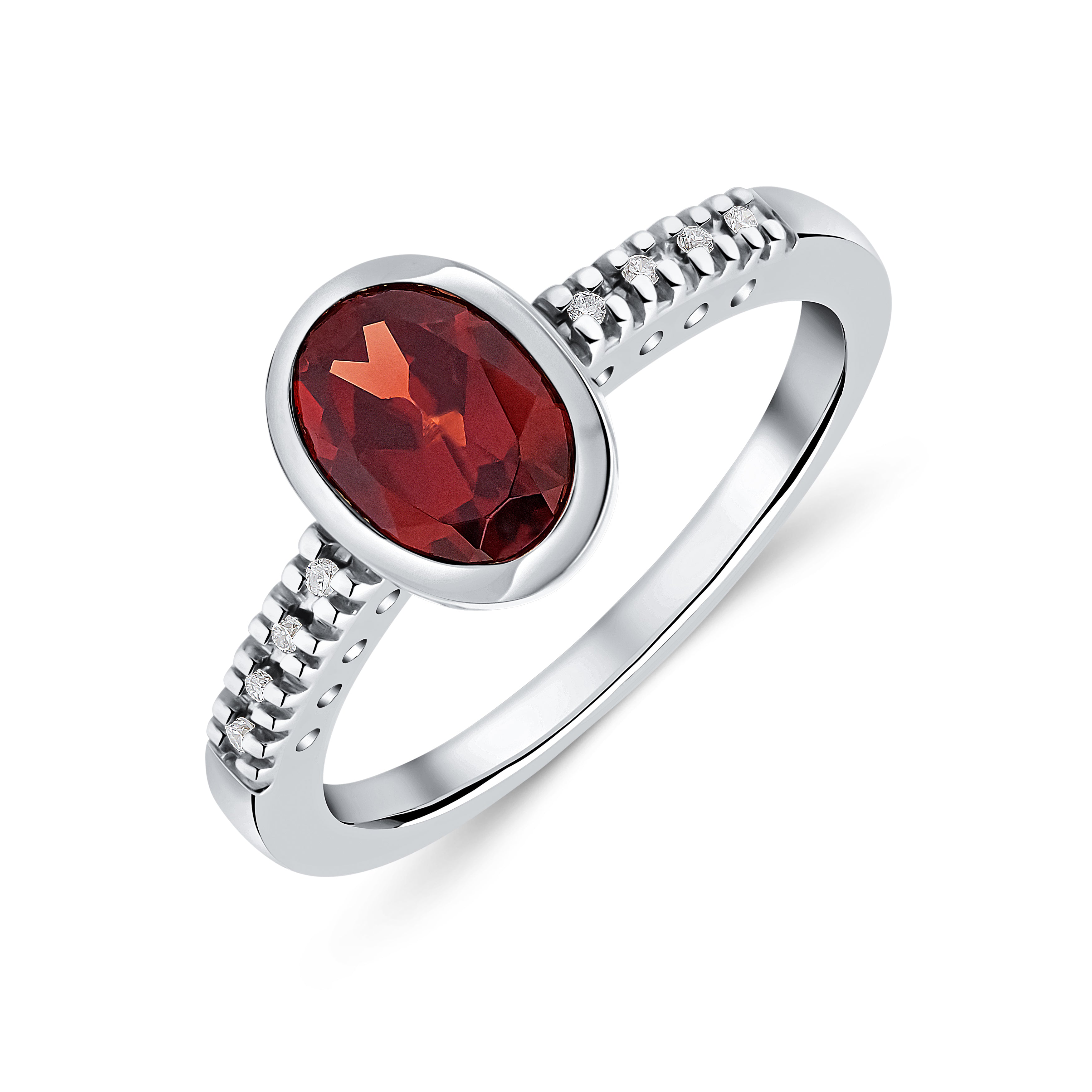 9ct White Gold Rubover 8x6 Oval Garnet Single Stone Ring with Claw Set Diamond Shoulder