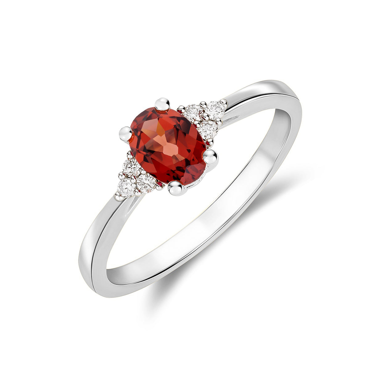 9ct White Gold 7x5 Oval Garnet & Diamond Trefoil Shoulders Ring