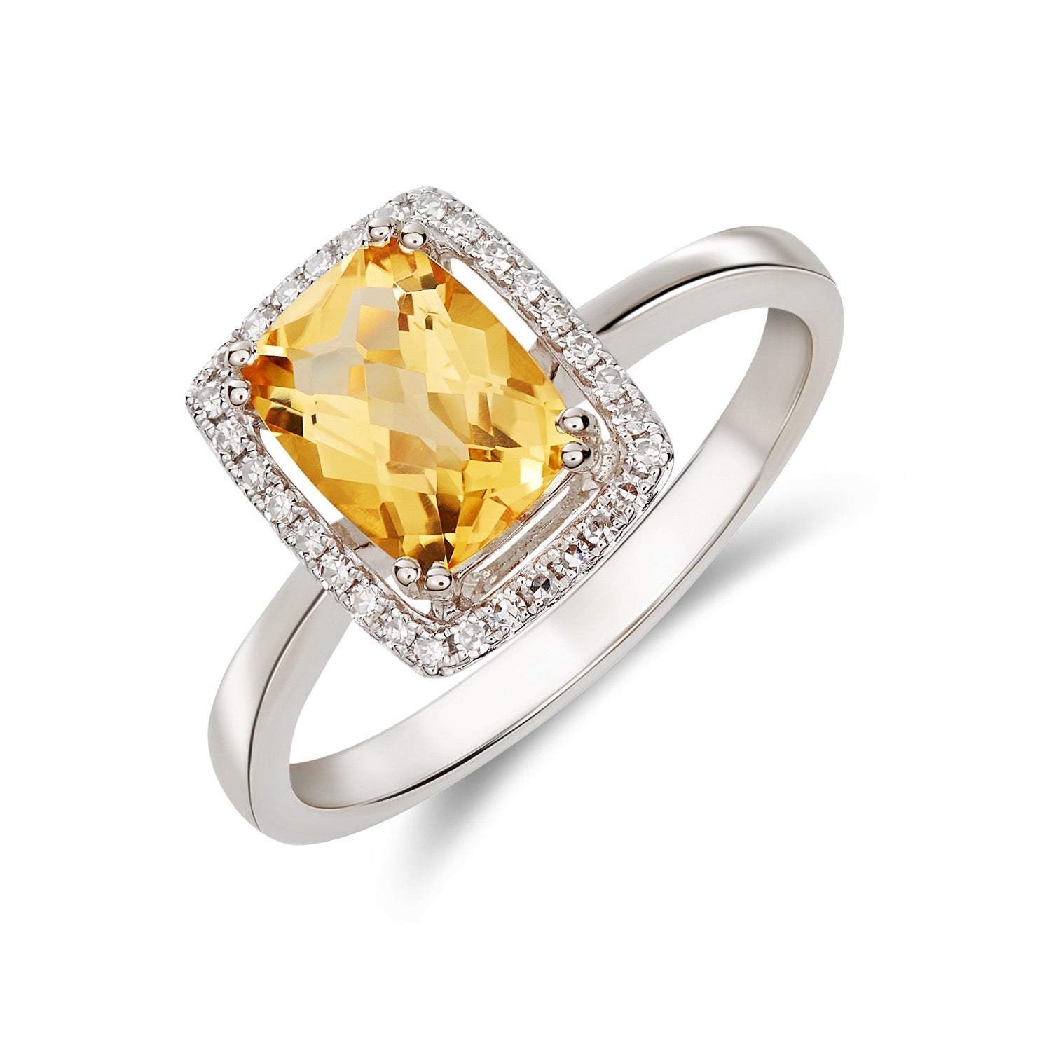 9ct White Gold 8x6 Cushion Checkerboard Cut Citrine & Diamond Halo Cluster Ring