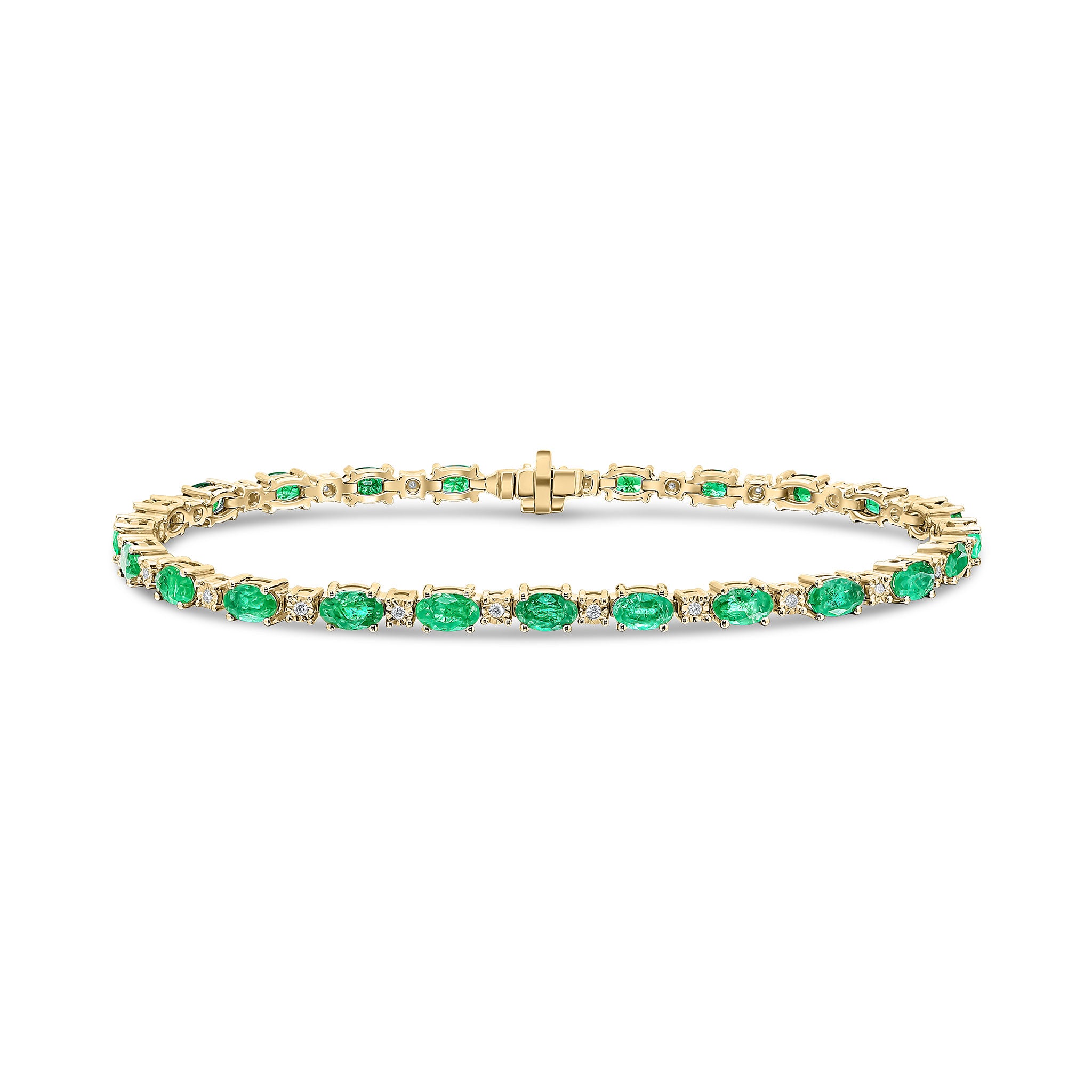 18ct Yellow Gold Claw Set Oval Emerald and White Gold Illusion Set Diamond Line Bracelet