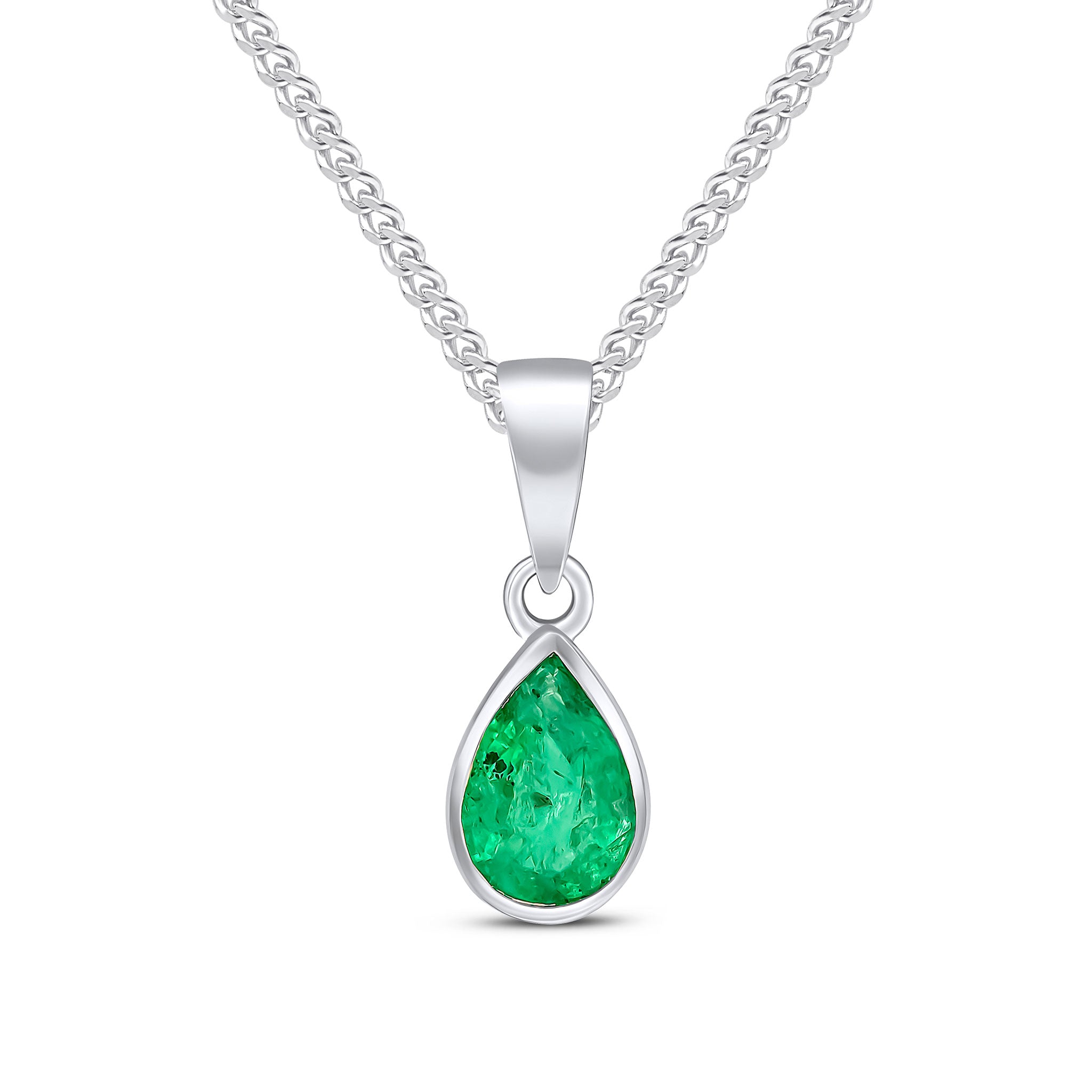 9ct White Gold 7x5 Pear Shape Emerald Rubover Pendant