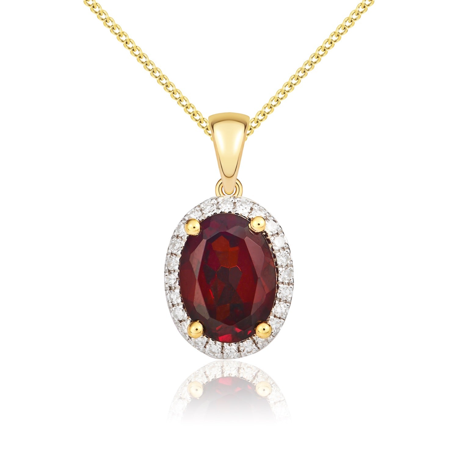 9ct Yellow Gold 8x6 Oval Garnet & Diamond Claw Set Cluster Pendant Rhodium to Diamonds