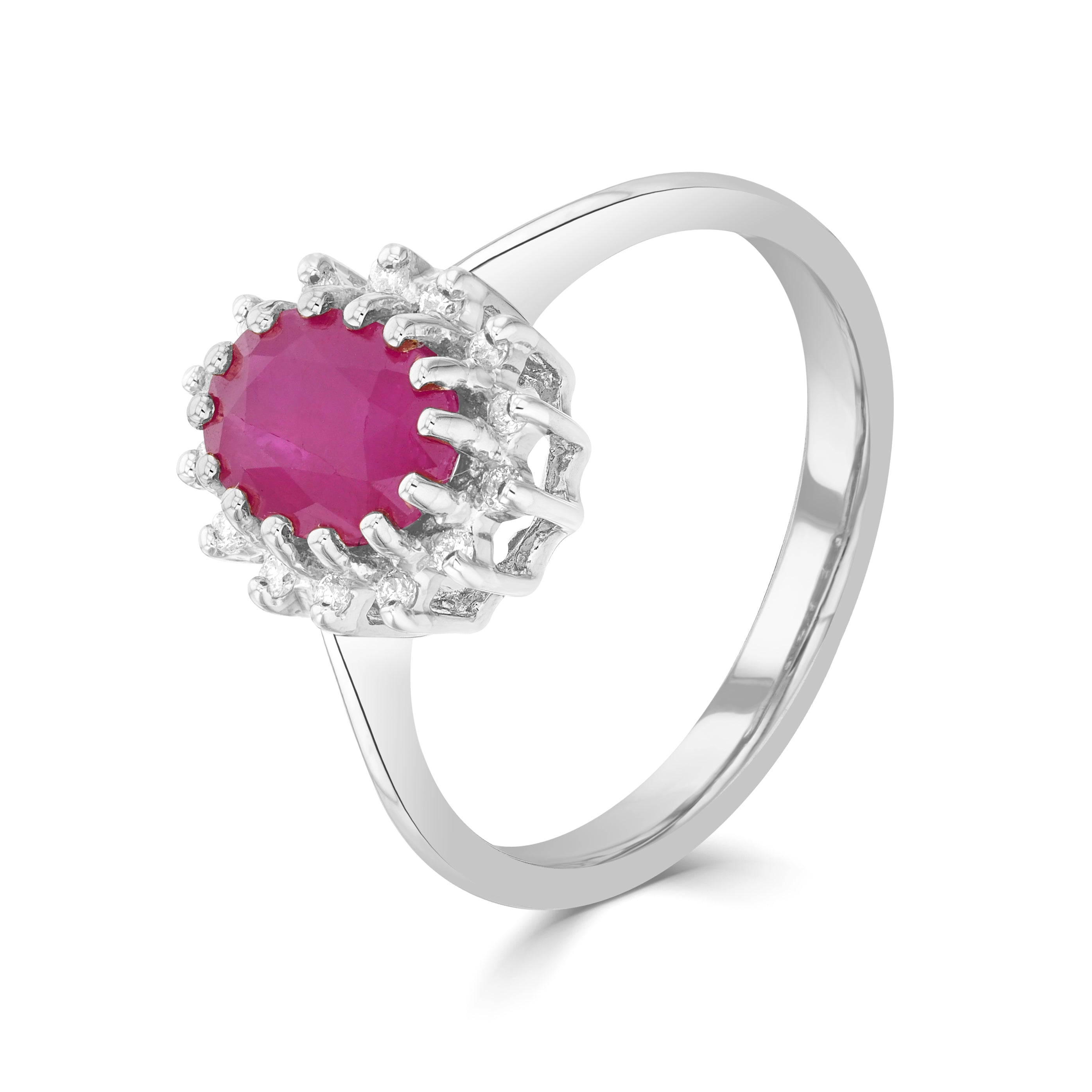 9ct White Gold 8x6 Oval Ruby & Diamond Claw Set Cluster Ring