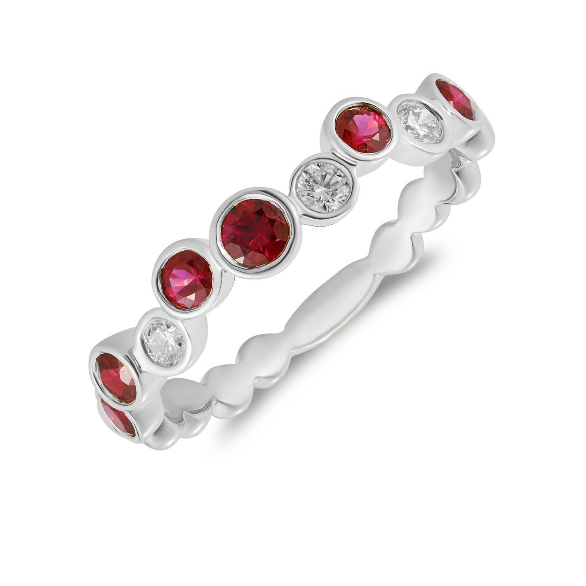 18ct White Gold Round Ruby & Diamond Single Row Bubble Ring