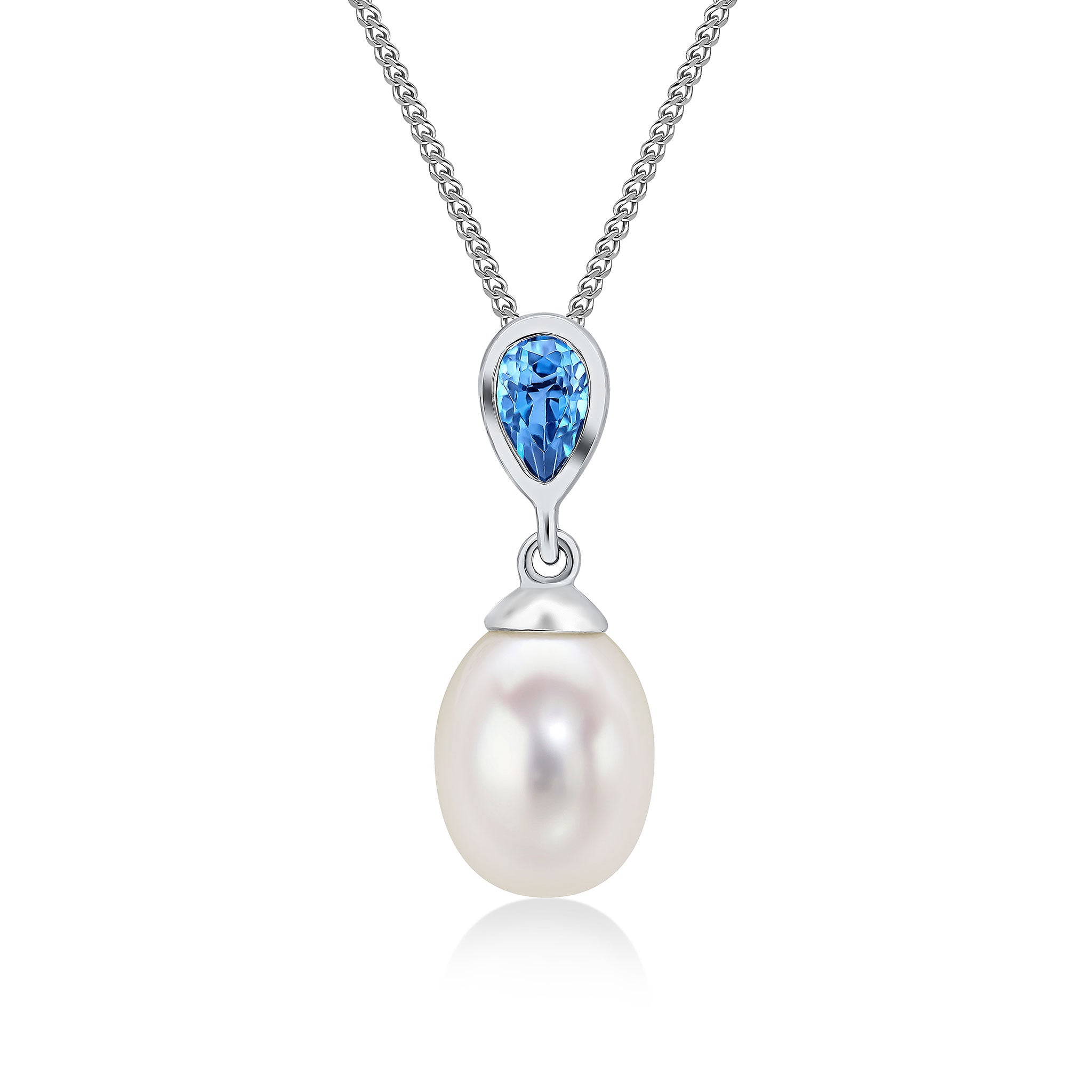 9ct white gold pearl & Single pear shape London Blue Topaz Drop pendant