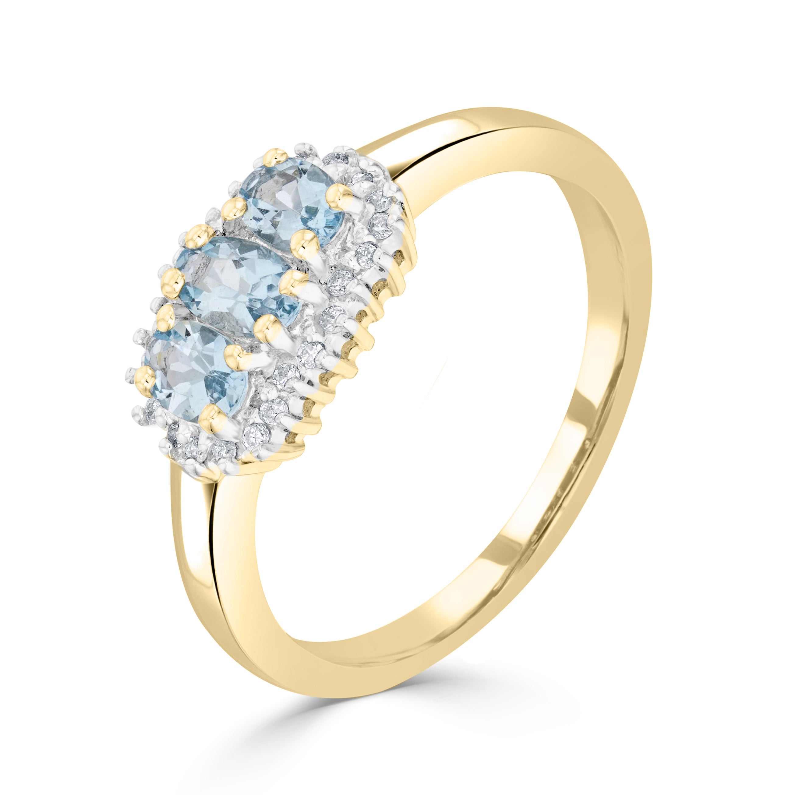 9ct Yellow Gold Oval Aquamarine and Diamond Triple Cluster Ring Rhodium to Diamonds
