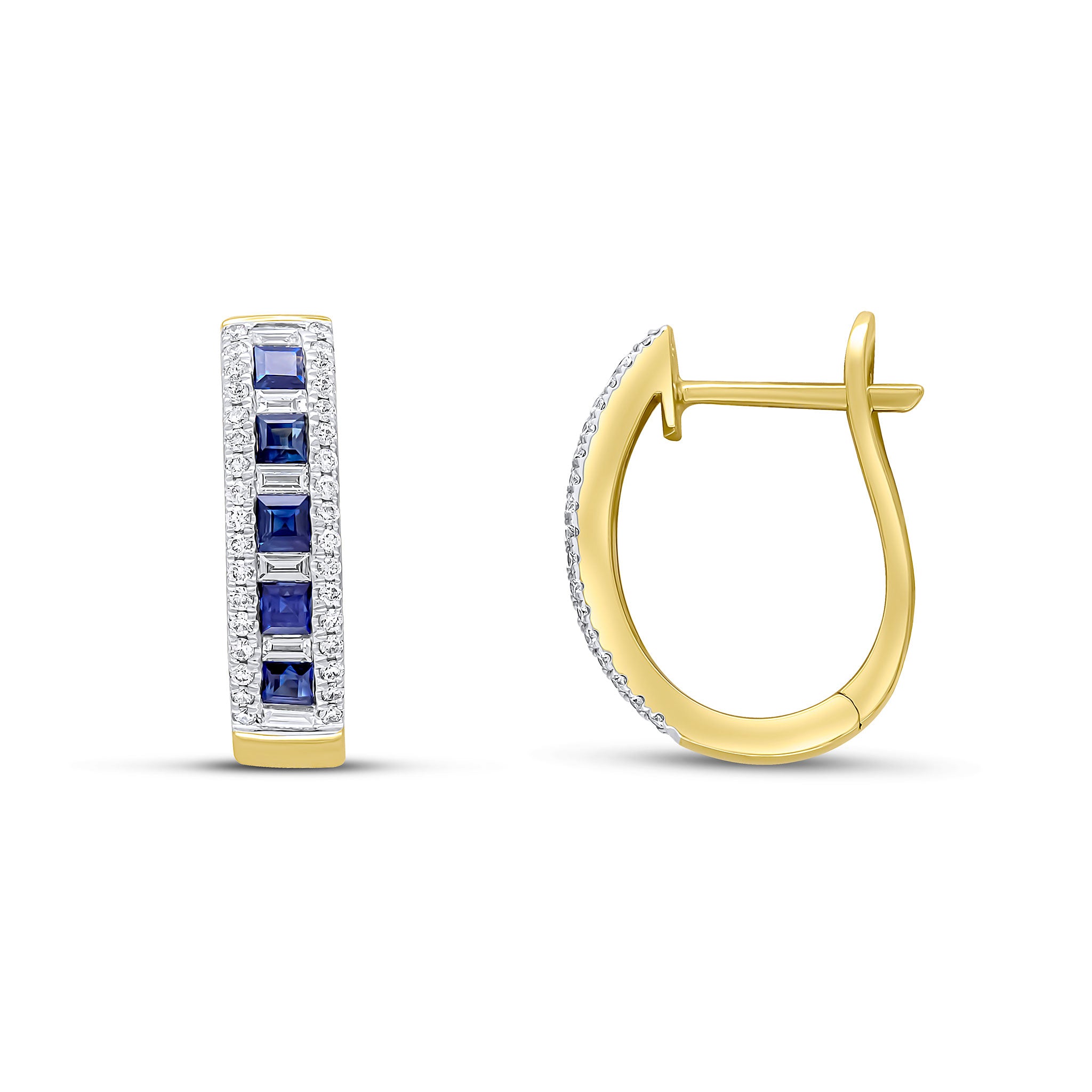 18yg Square Sapphire Baguette & Brill Diamond Oval Hoops
