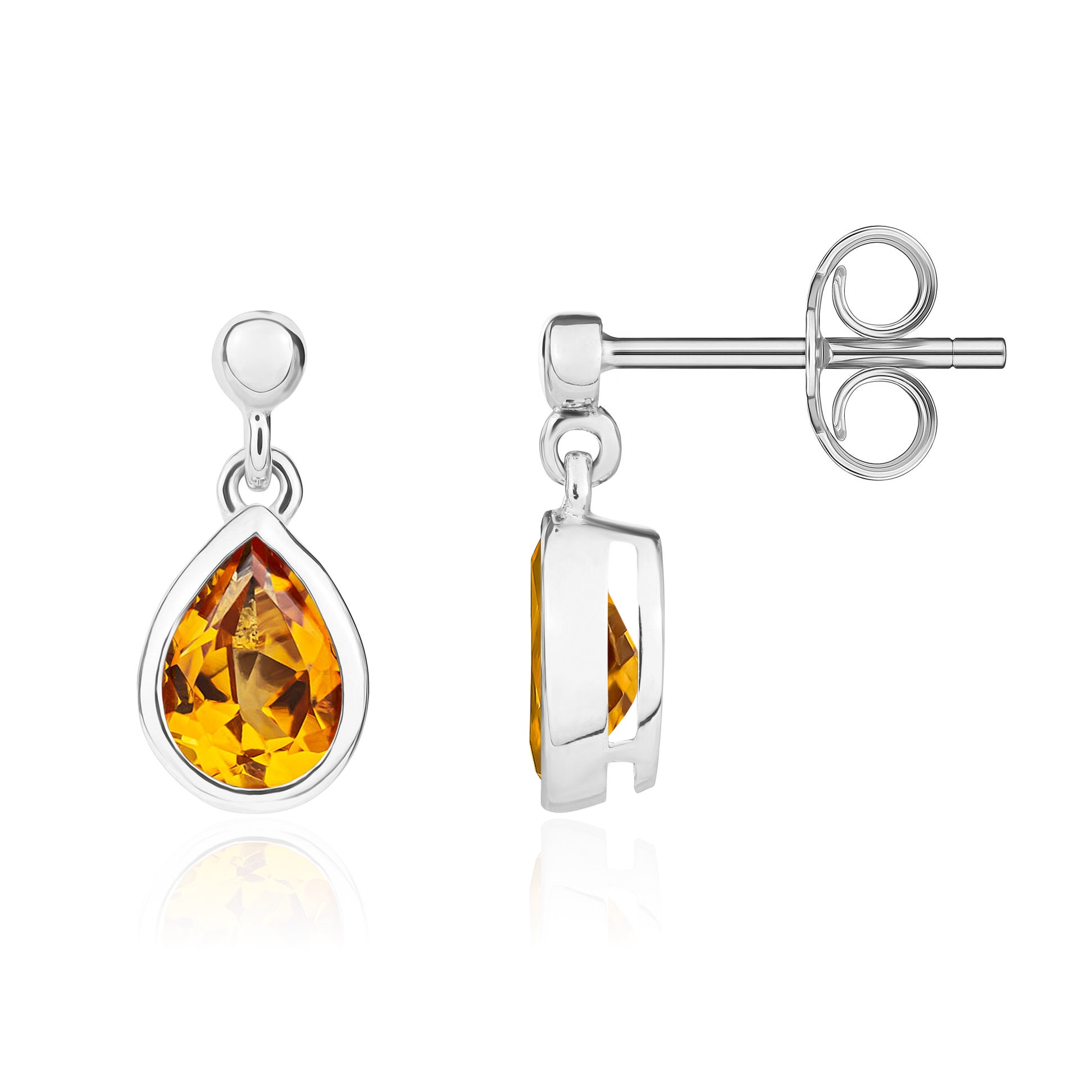 9ct White Gold 7x5 Pear Shape Citrine Rubover Drop Earrings with Bead Stud Top