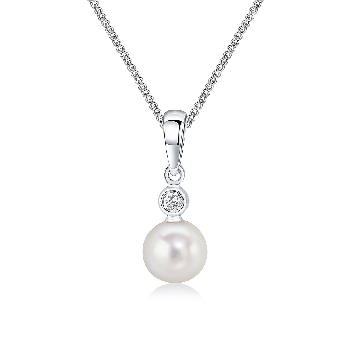 18ct White Gold Diamond & Freshwater Pearl 2 Stone Rubover Pendant
