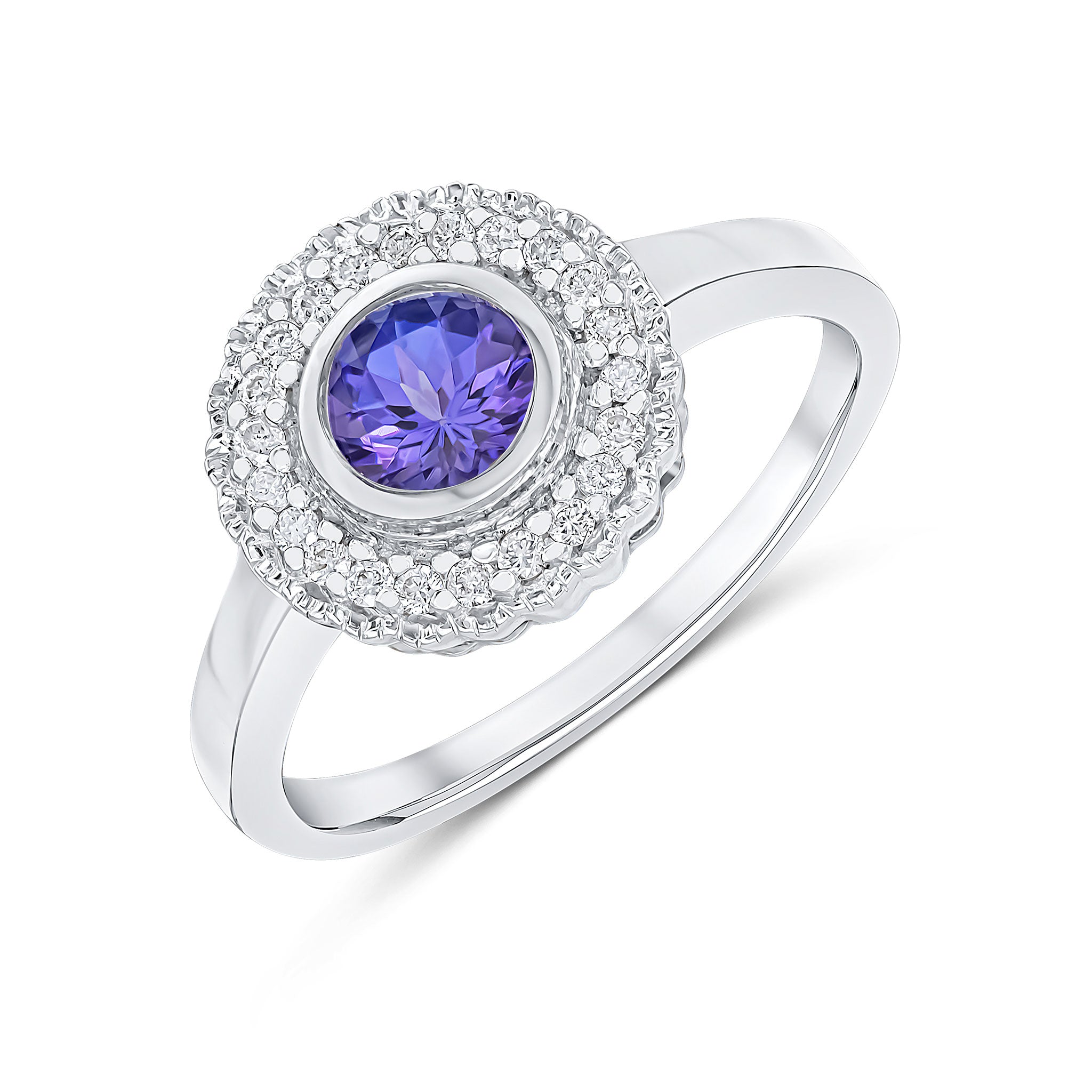 9CT WHITE GOLD ROUND RUBOVER TANZANITE AND MILLEGRAIN ROUND DIAMOND CLUSTER RING 1