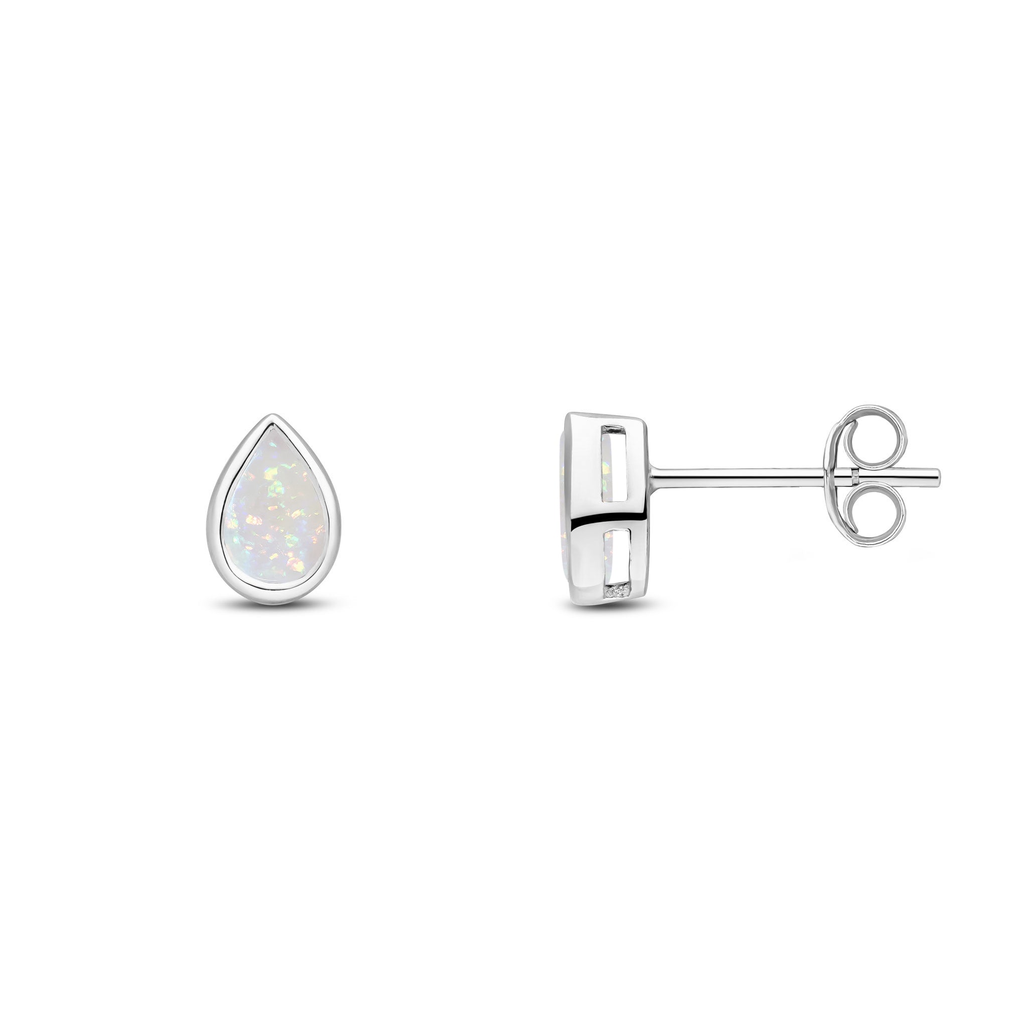 9ct White Gold 6x4 Pear Shape Opal Rubover Set Earrings