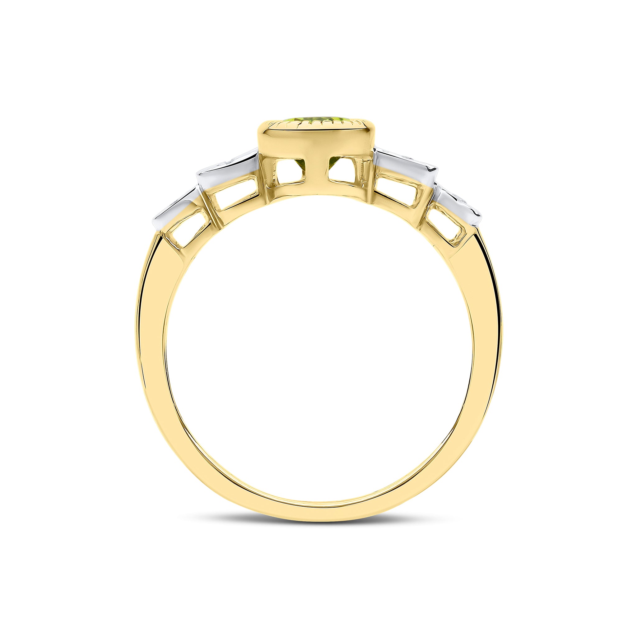 9CT YELLOW GOLD MILLEGRAIN PEARSHAPE PERIDOT AND ILLUSION DIAMOND 4ST SHOULDERS RING. RHODIUM TO DIAMONDS 1