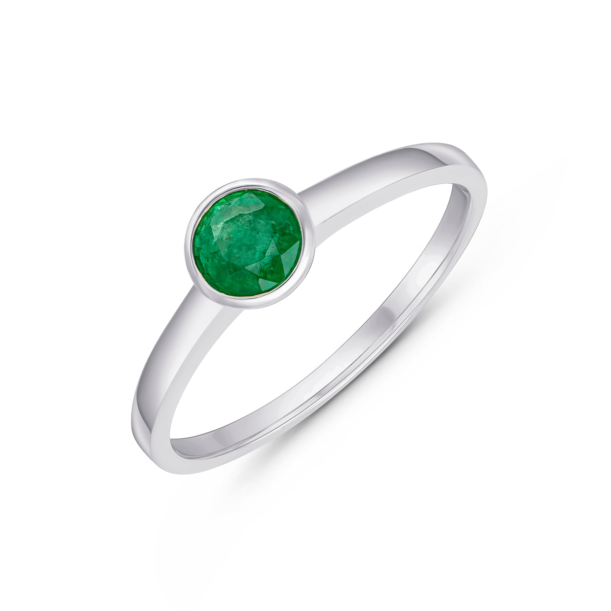 9ct White Gold 5mm Round Emerald Rubover Single Stone Ring
