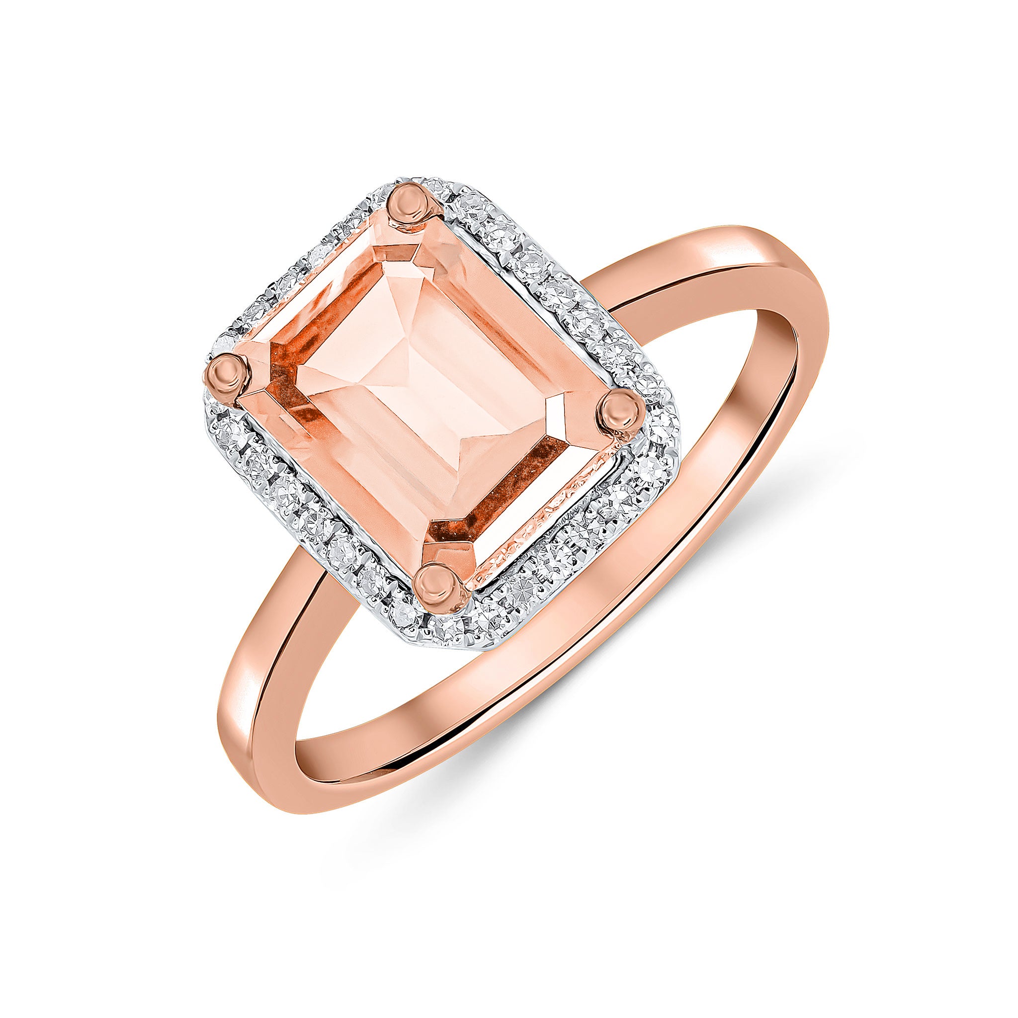 9ct Rose Gold 9x7 Octagon Morganite & Diamond Claw Set Cluster Ring Rhodium to Diamonds