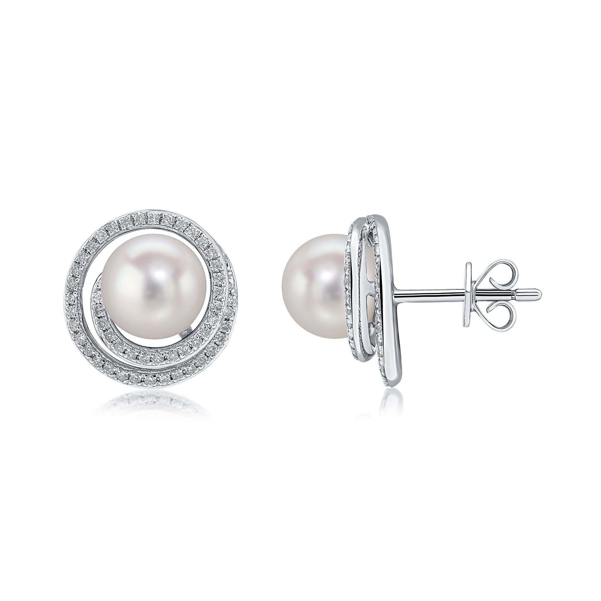 18ct White Gold Freshwater Cultured Pearl and Diamond Swirl Cluster Earrings