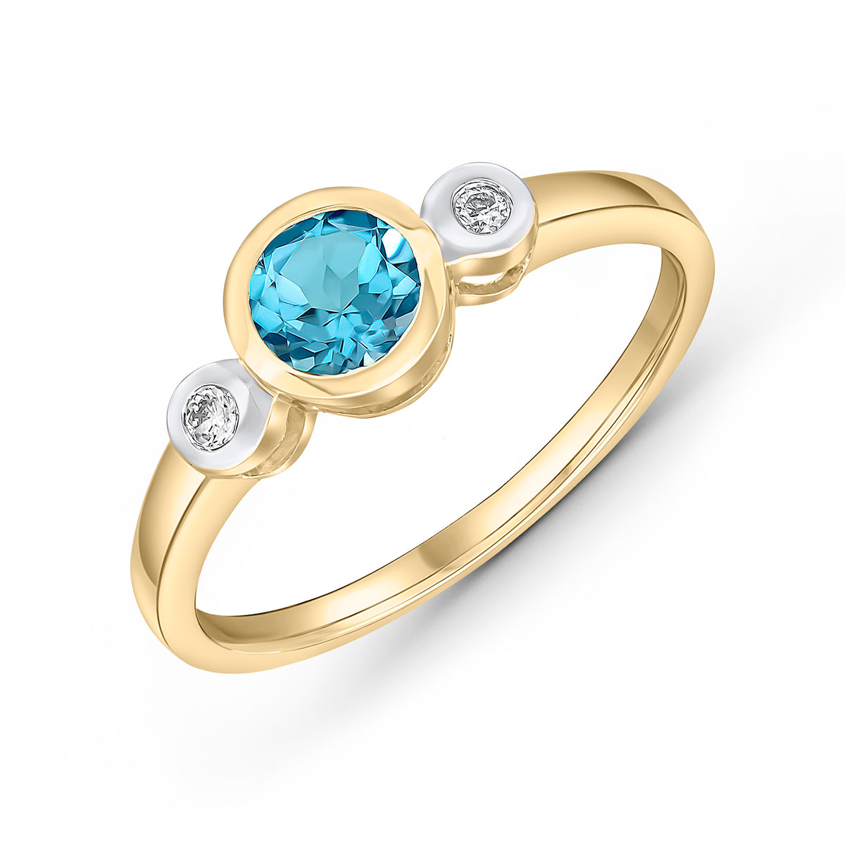9ct Yellow Gold 5mm Round Swiss Blue Topaz and Diamond Rubover 3 Stone Ring Rhodium to Diamonds