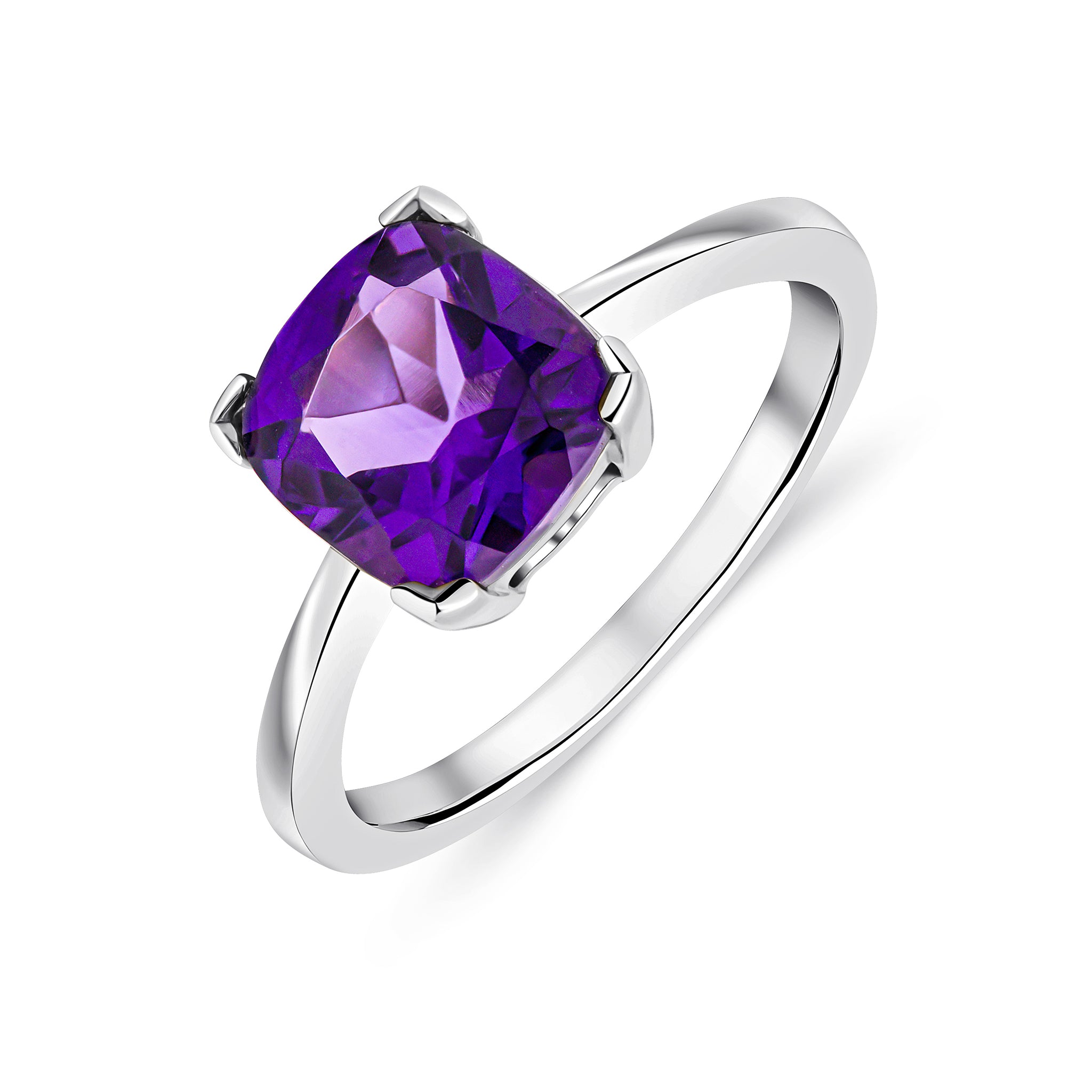 9ct White Gold 8mm Cushion Amethyst Claw Set Single Stone Ring