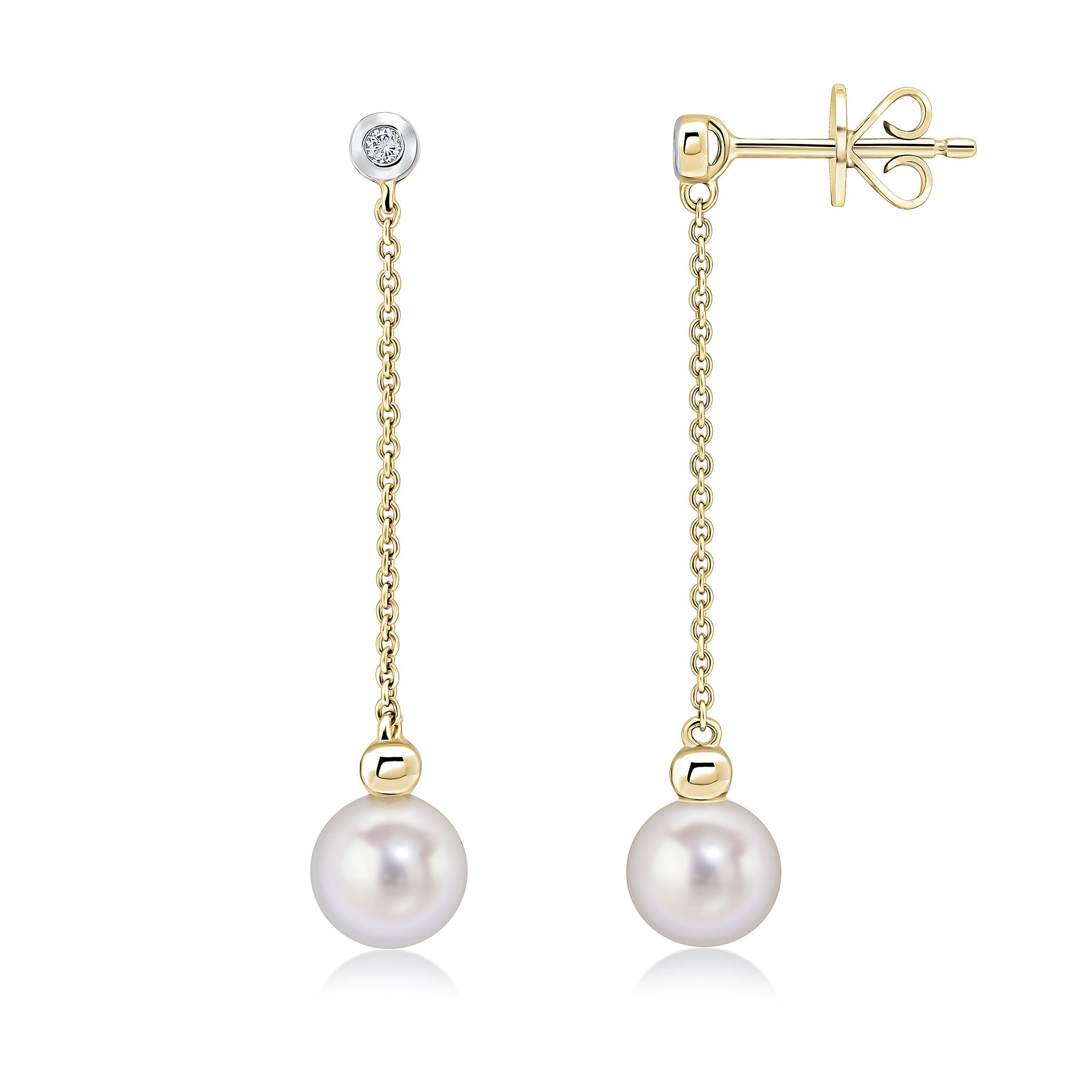 9ct Yellow Gold Rubover Diamond Chain and Cultured Freshwater Pearl Drop Earrings
