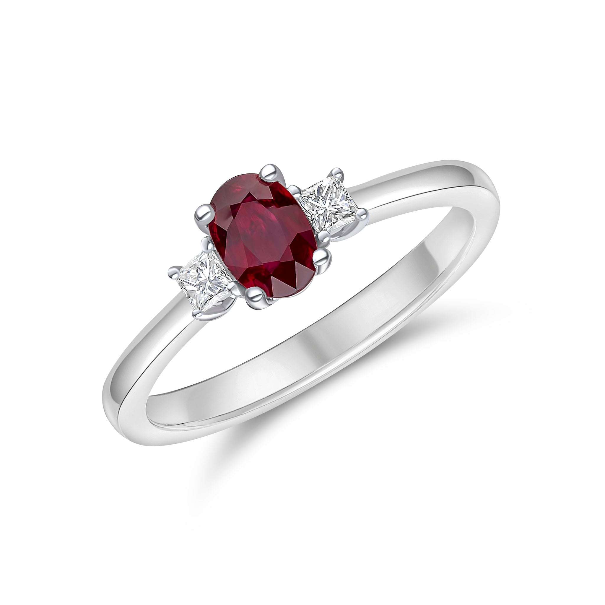 18ct White Gold Oval Ruby and Princess Cut Diamond Claw Set 3 Stone Ring
