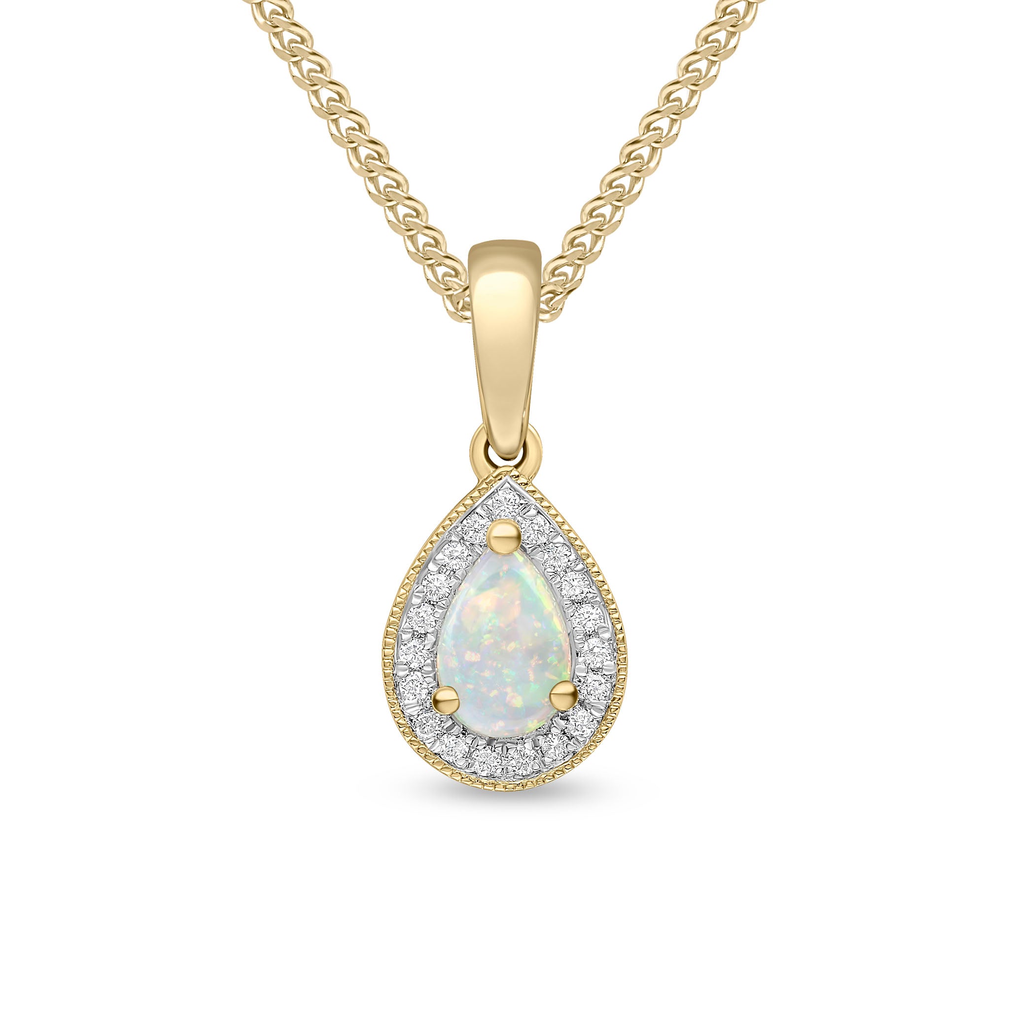 18ct Yellow Gold Claw Set 6x4 Pear Shape Opal & Diamond Cluster Pendant Millgrain Edge